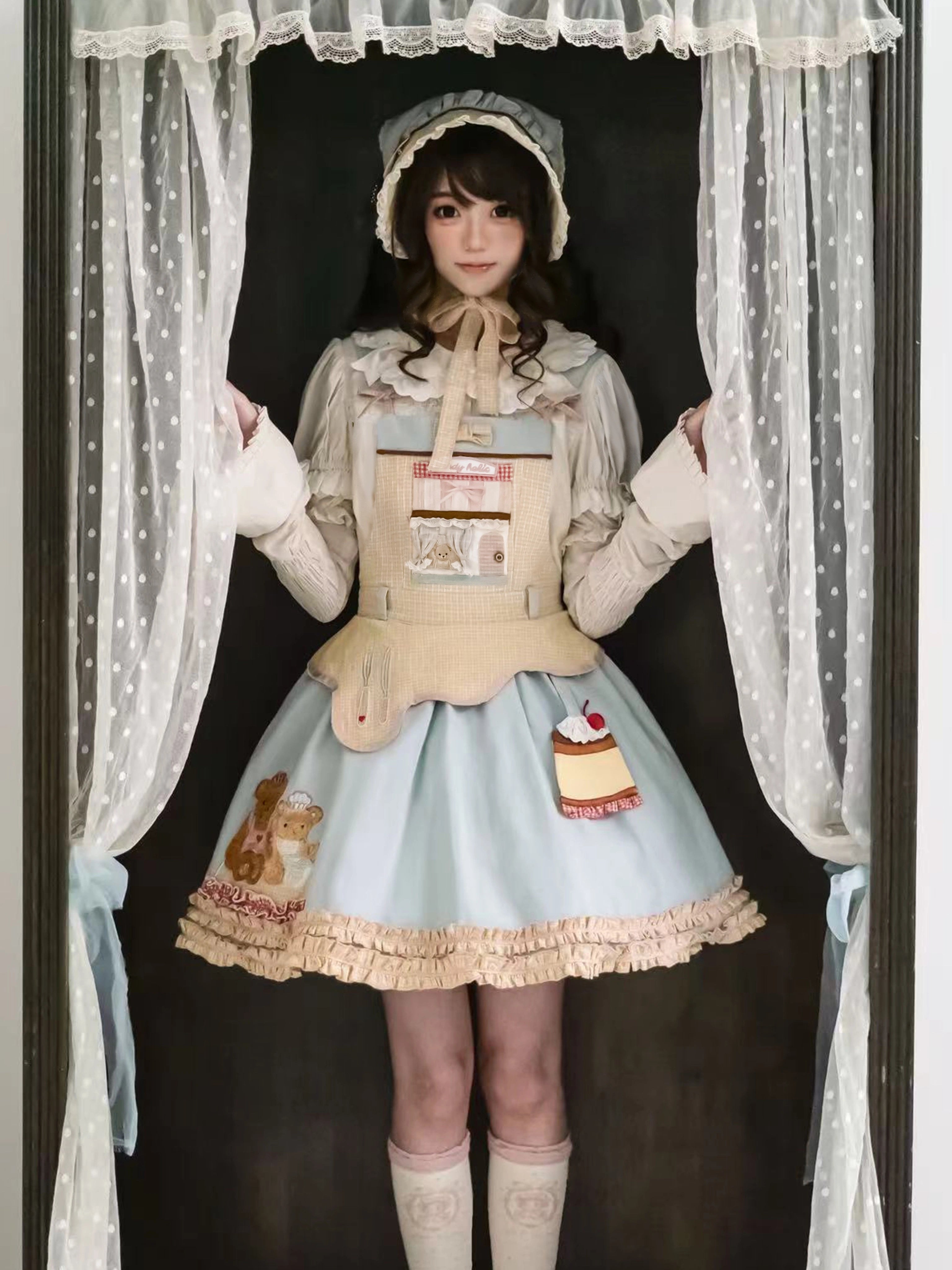 Teddy Bear Bakery Embroidered Cake Applique Sweet Lolita Suspender Skirt Set