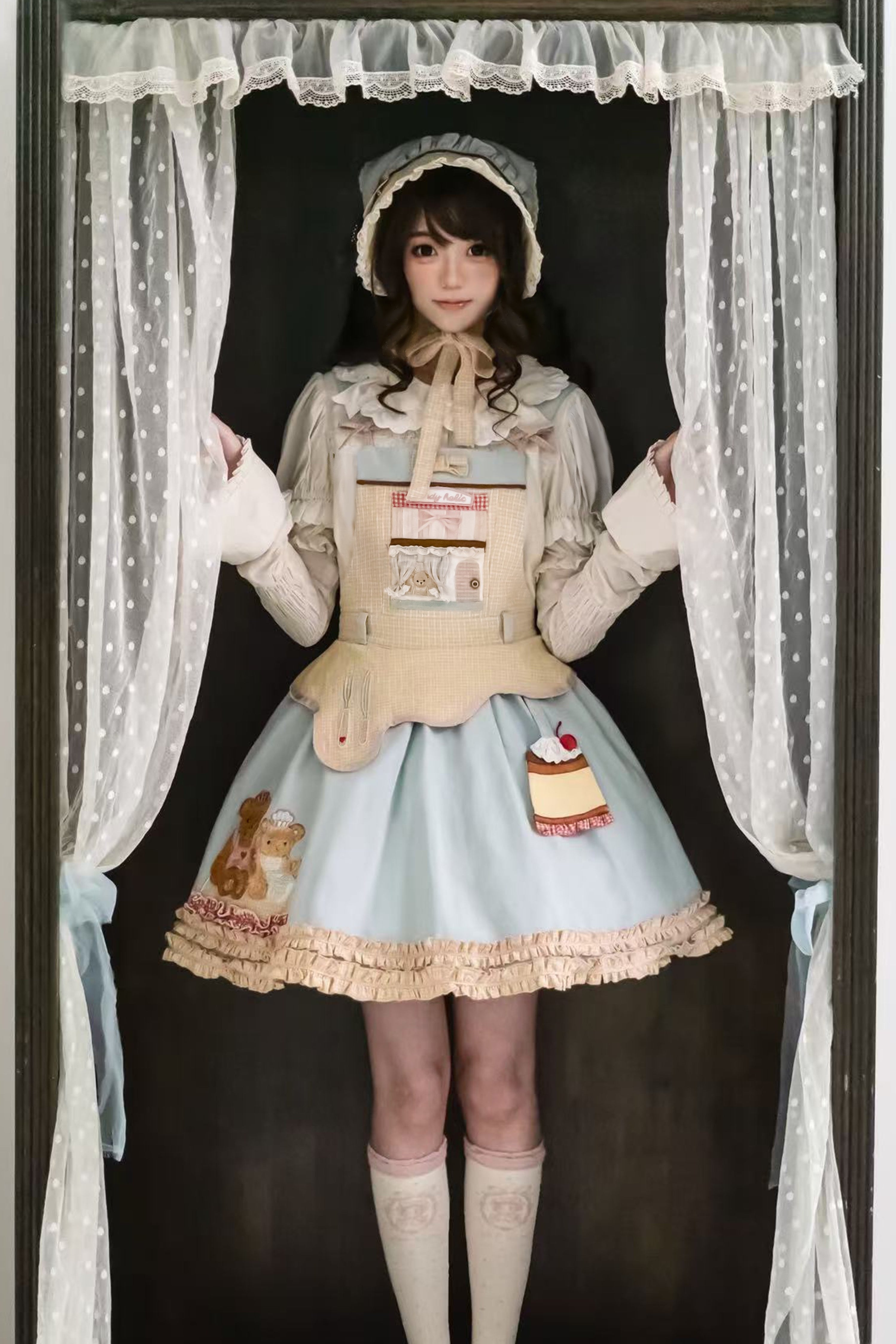 Teddy Bear Bakery Embroidered Cake Applique Sweet Lolita Suspender Skirt Set