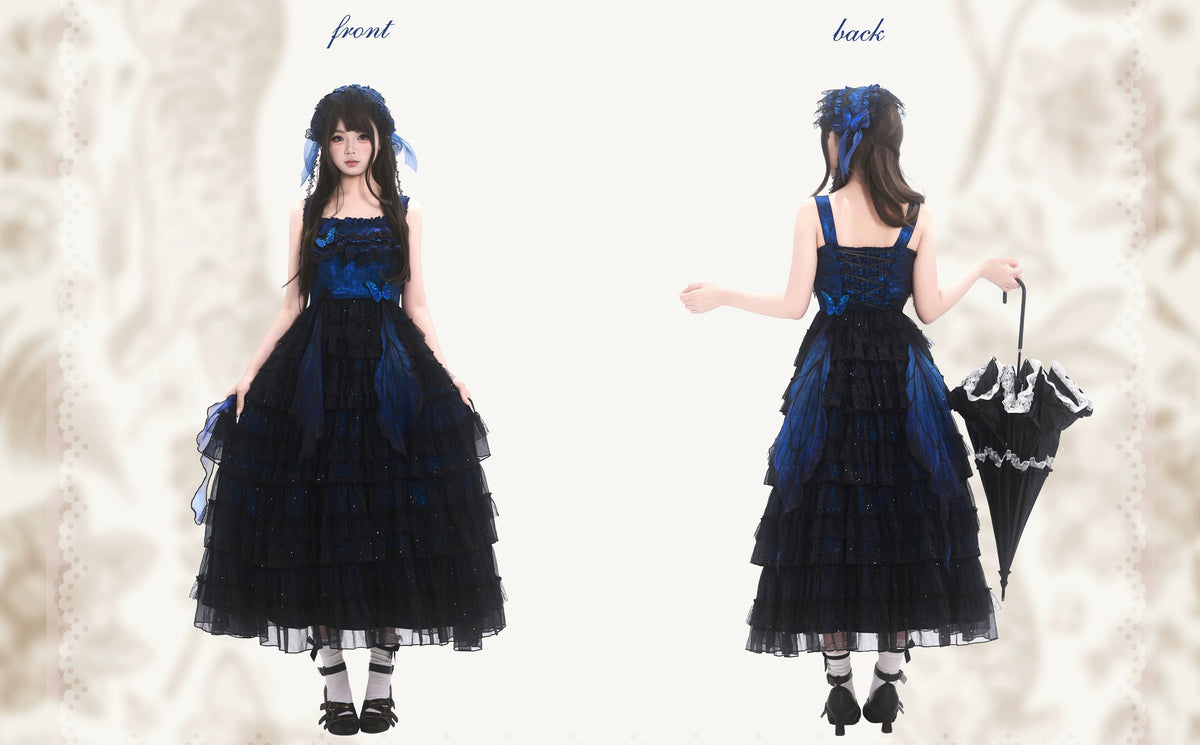 Shining Butterfly Lolita Dark Gothic Embroidered Blue Morpho JSK Set