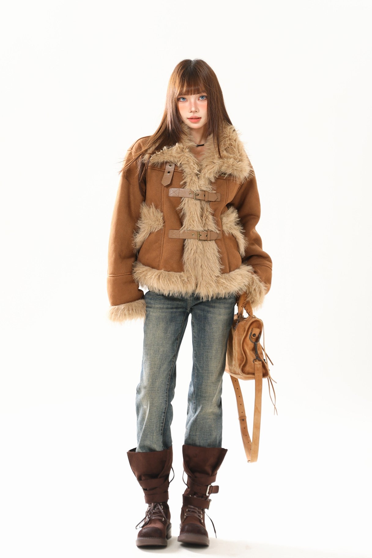 Korean Style Retro Suede Shearling Trim Short Jacket