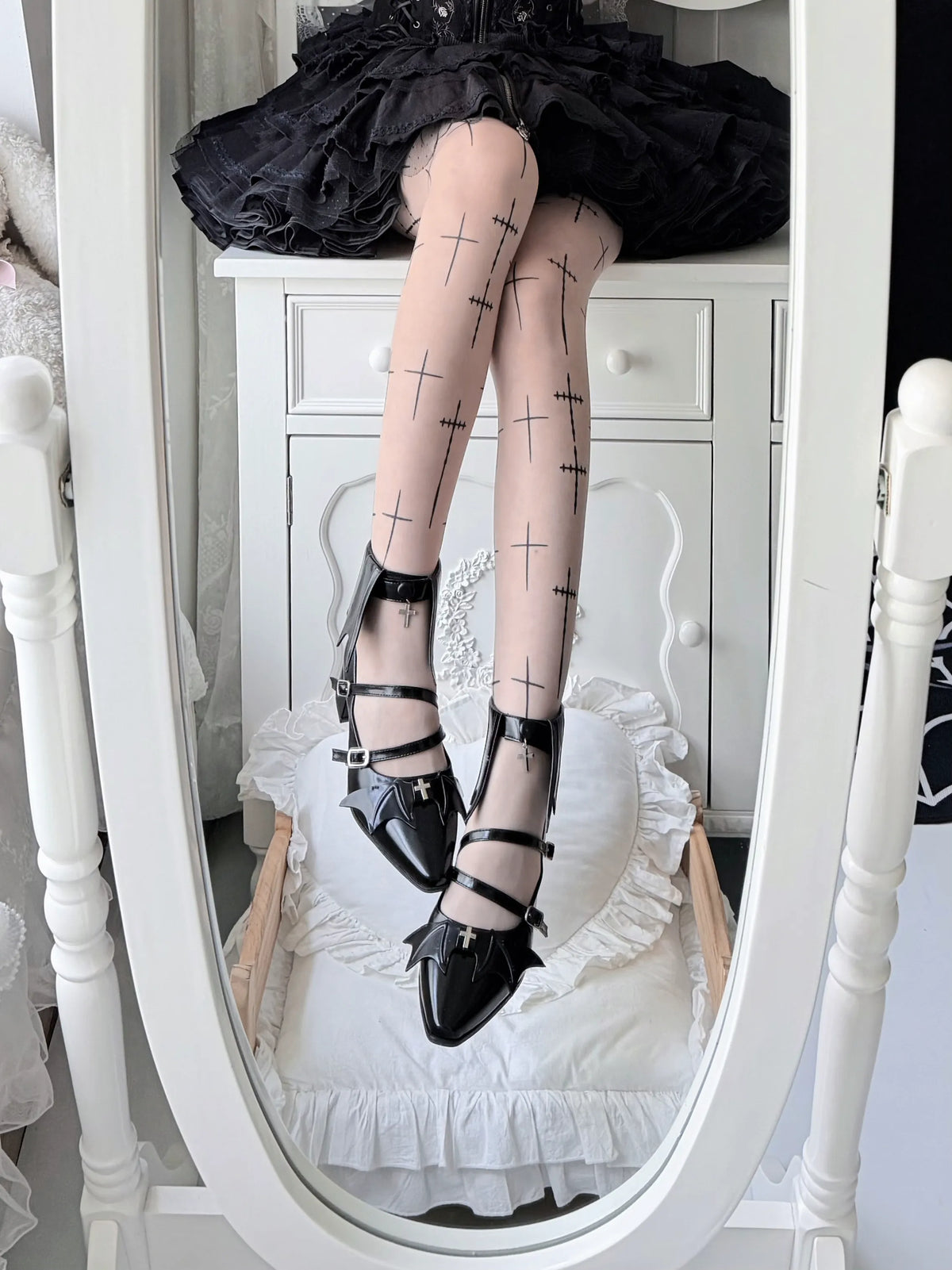 Eternal Night Witch Lolita Original Gothic Dark Cross Bat Low-Heel Shoes