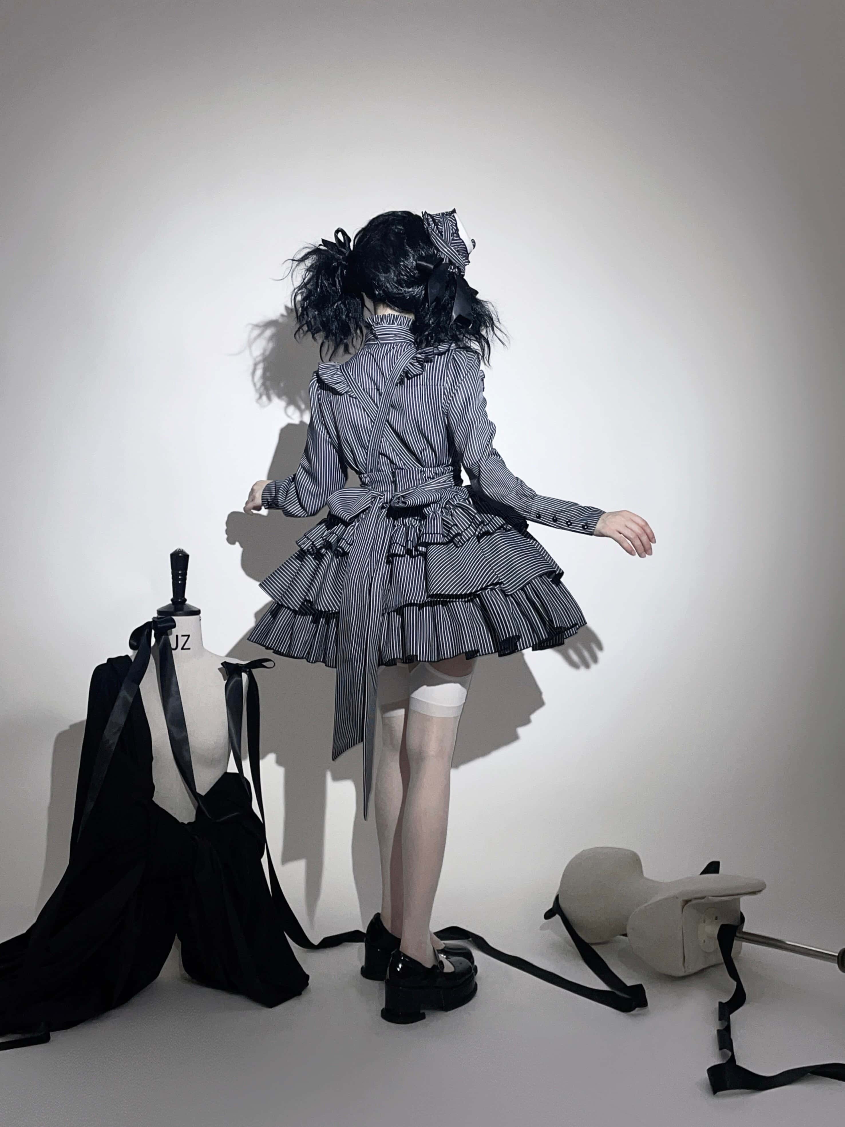 Doll Gift Box Gothic Lolita Black Striped Shirt & Skirt Set