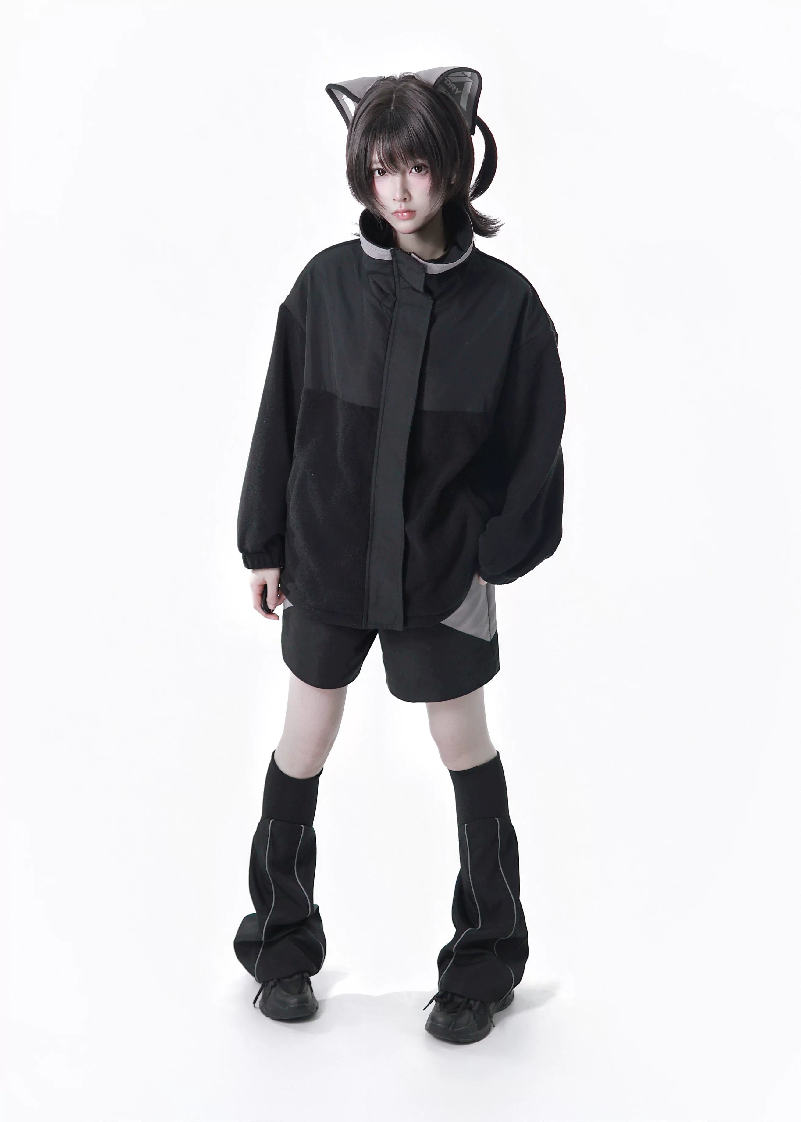 Dystopian Techwear Two-Piece Fleece-Lined Jacket and Shorts Set