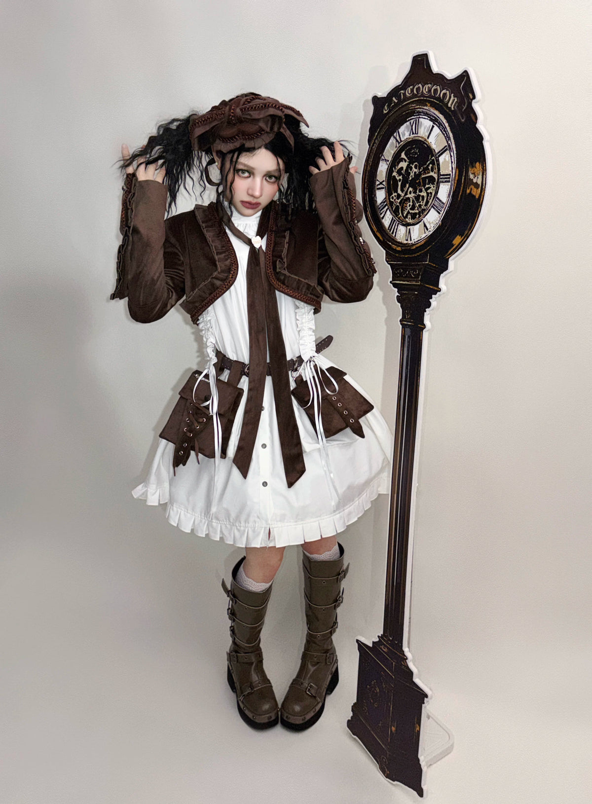 Cannoneer Lolita Steampunk Long Sleeve Brown OP Dress Set