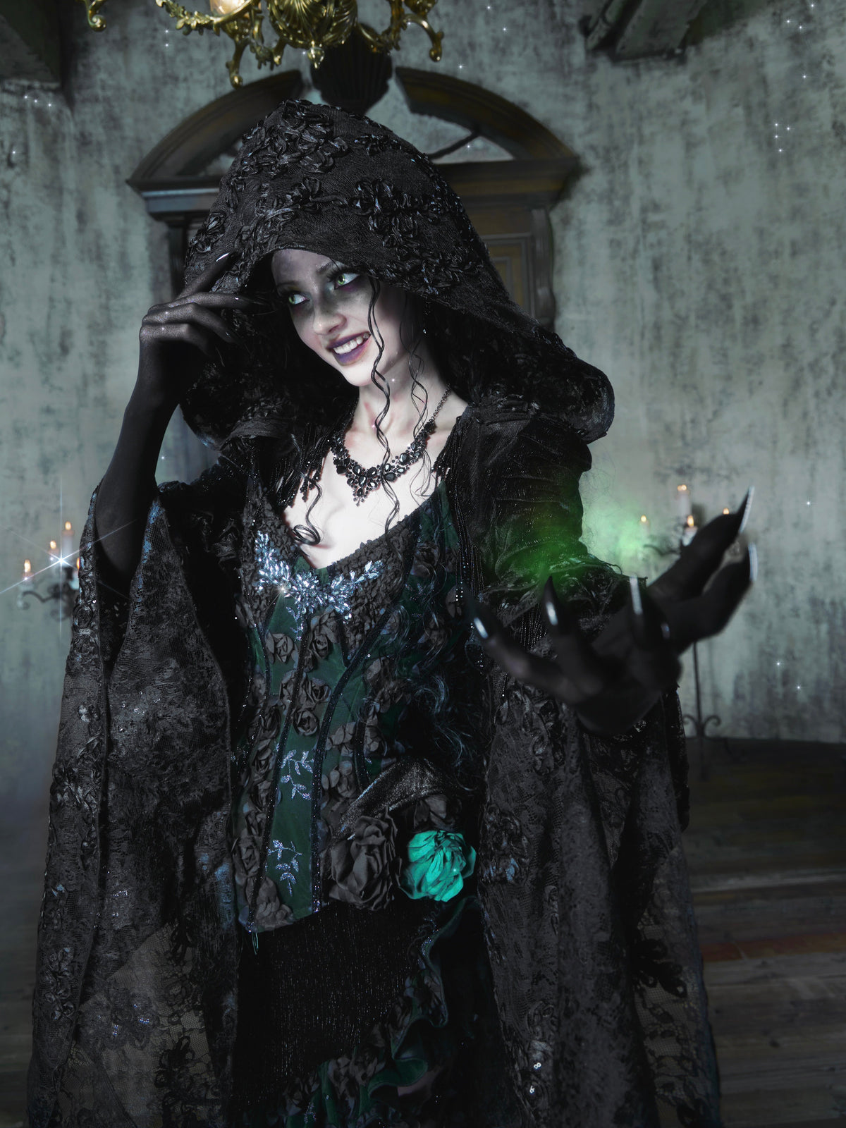 Sale at 20:00, Oct 20th. Emerald Night Gothic Halloween Imperial Green Boned Corset & Mermaid Skirt Set
