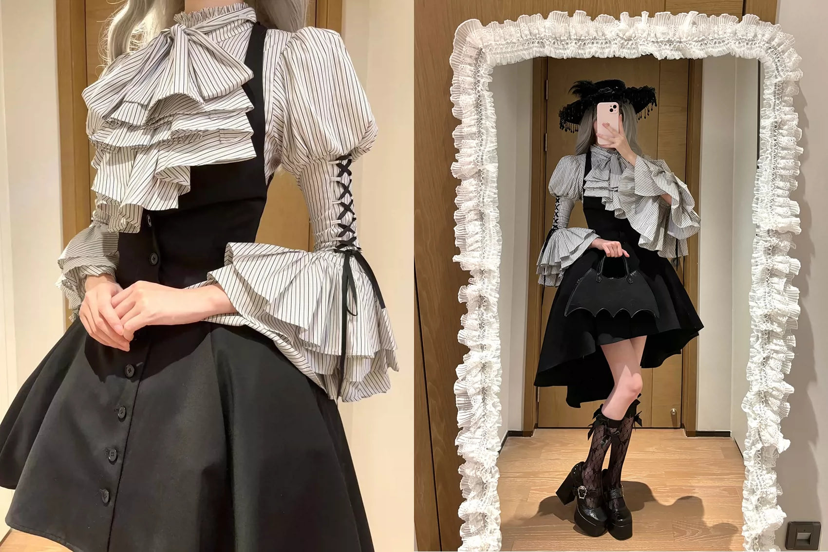 Raven Gothic Lolita Striped Flutter Sleeves Blouse