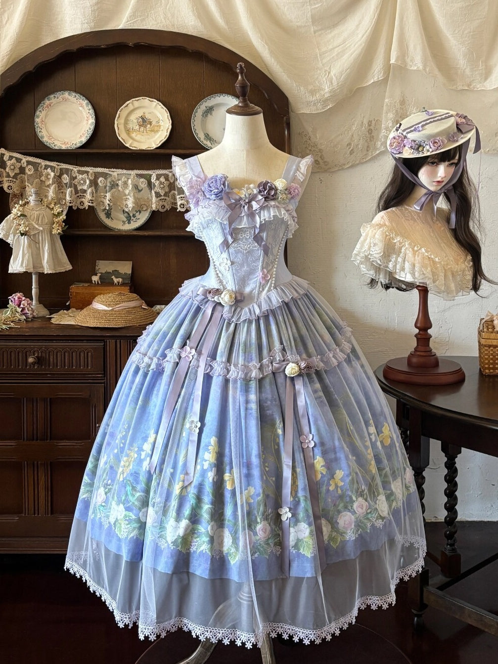 Violet‑Hued Lake Classic Oil‑Painting Printed Tulle Lolita JSK Dress