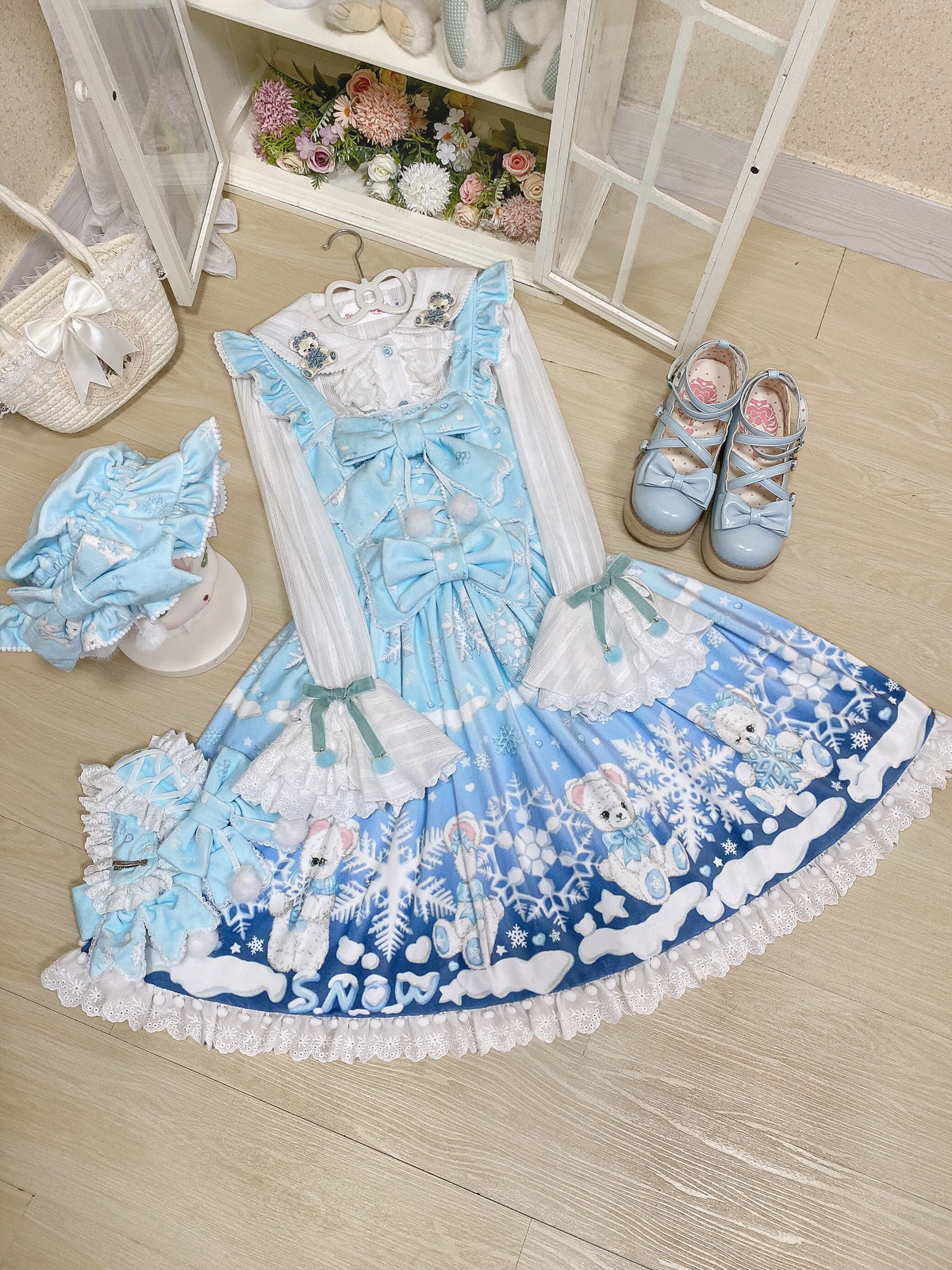 Snowflake Bear Blue Christmas Plush Lolita JSK Dress Set