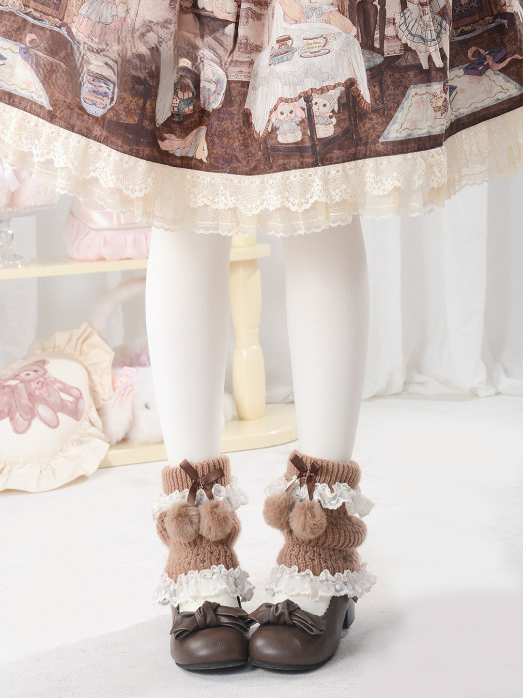 Sweet Wool Blend Pom Pom Bow Lace Trim Lolita Leg Warmers