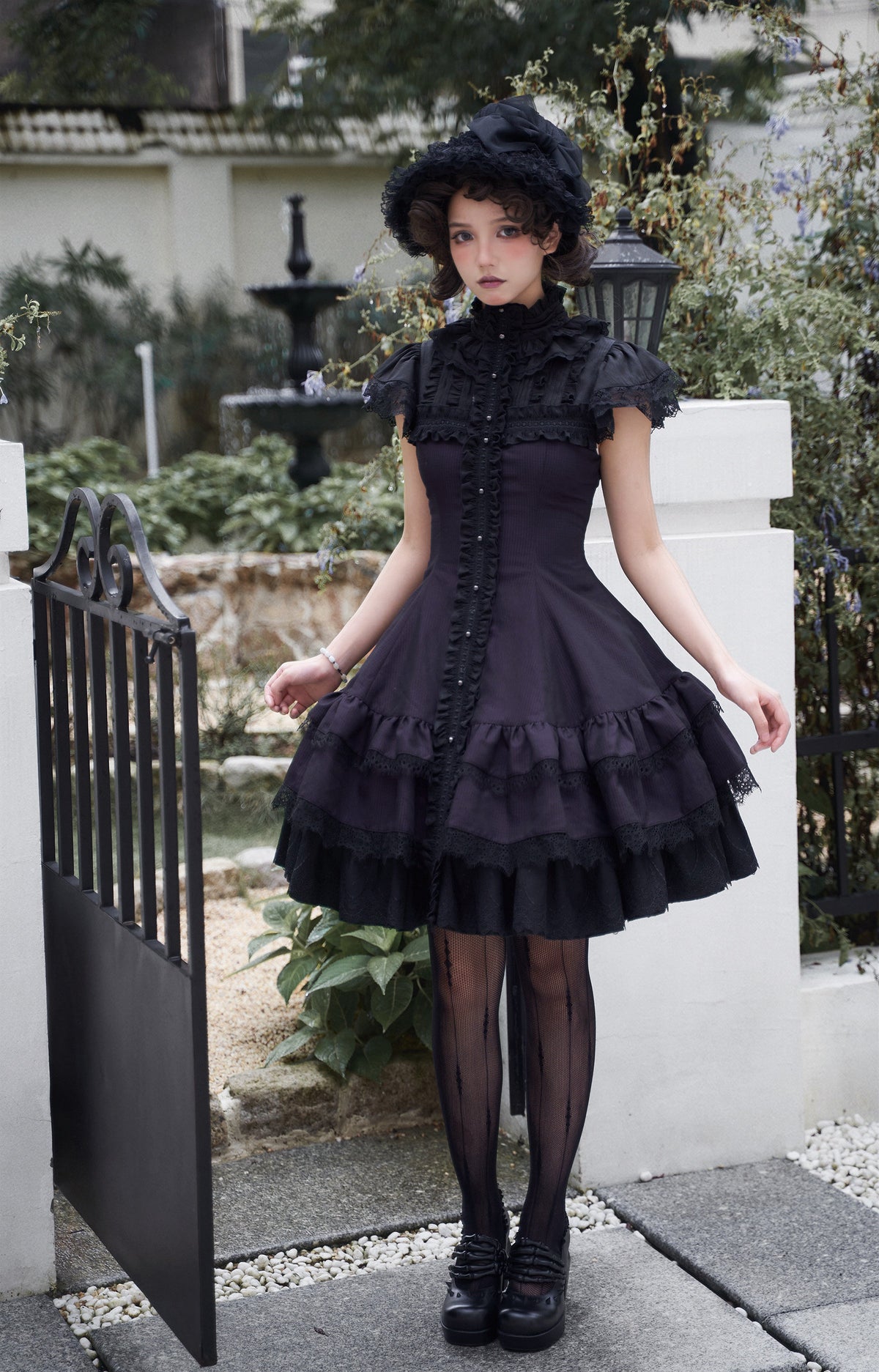 Leanna Black and Purple Gothic Lolita Cross Lace Short OP Dress