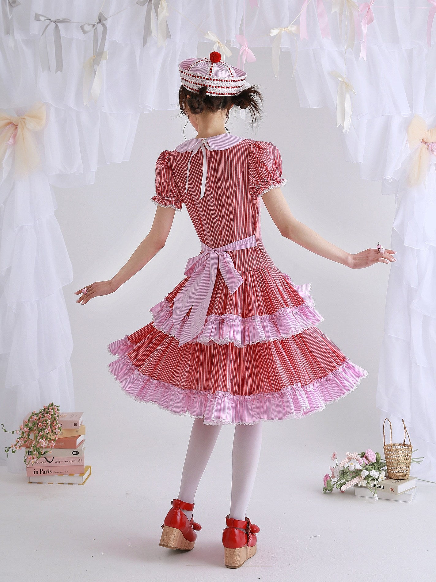 Candy Cottage Showa Retro Pink Striped Dress