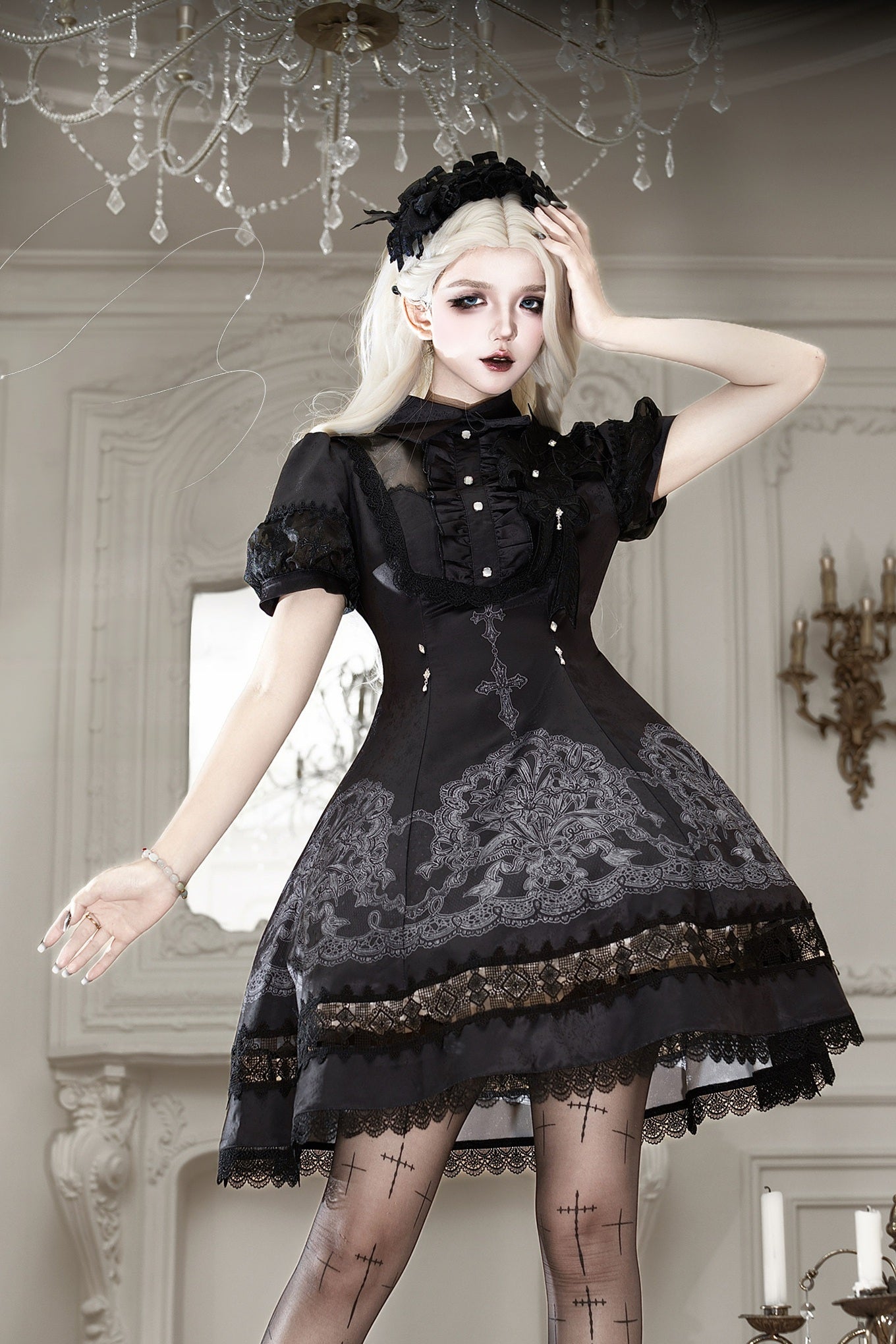 Black Lace Lily Gothic Classic Lolita OP Dress