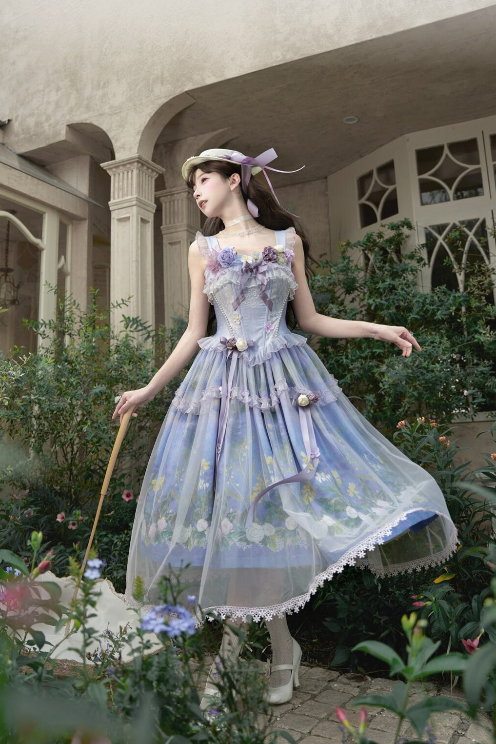 Violet‑Hued Lake Classic Oil‑Painting Printed Tulle Lolita JSK Dress