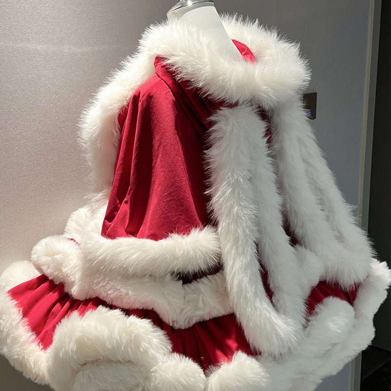 Angora Rabbit Christmas Red Cape Dress