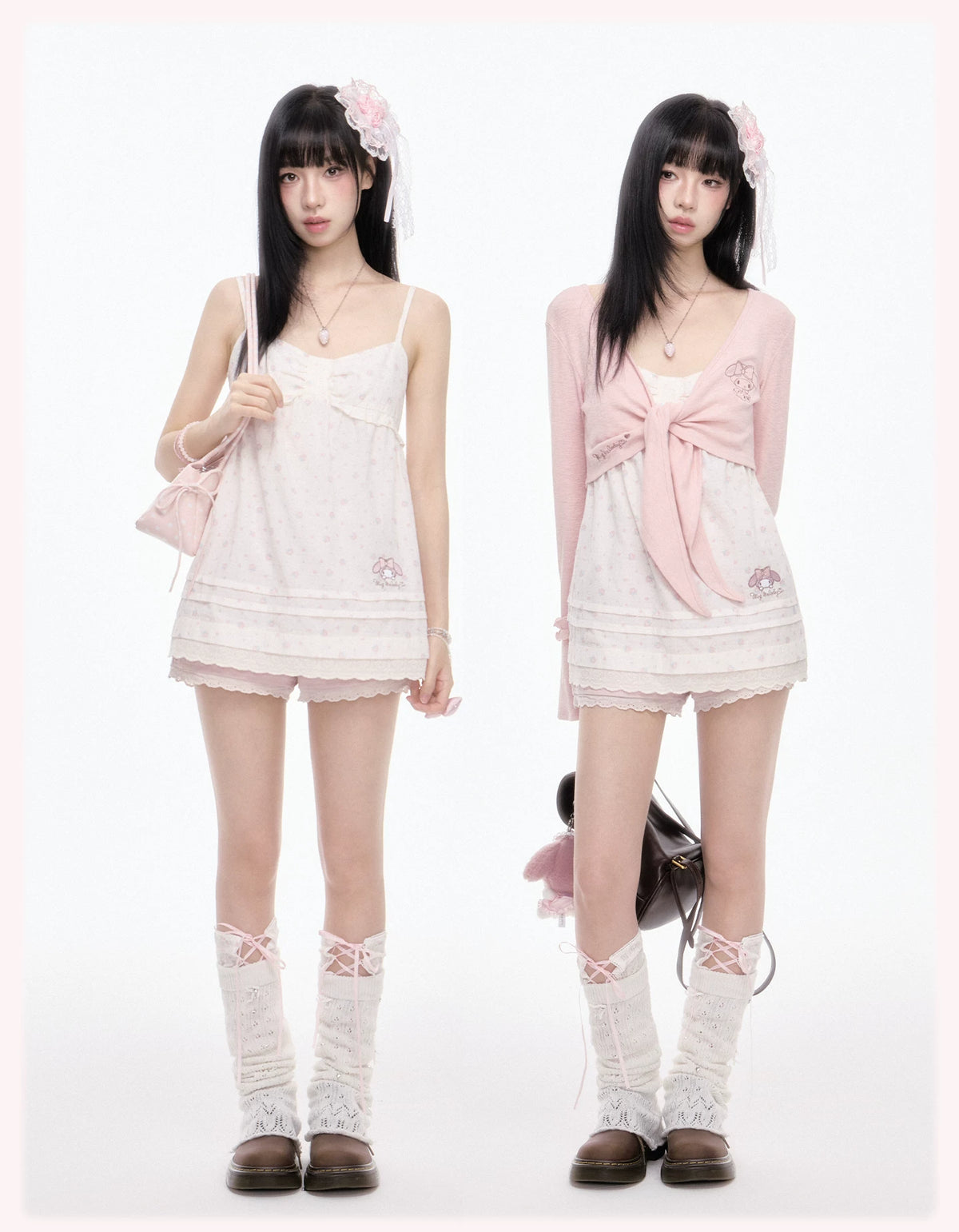 My Melody Pink Tie-Front Cardigan Polka Dot Cami Top Floral Shorts Set