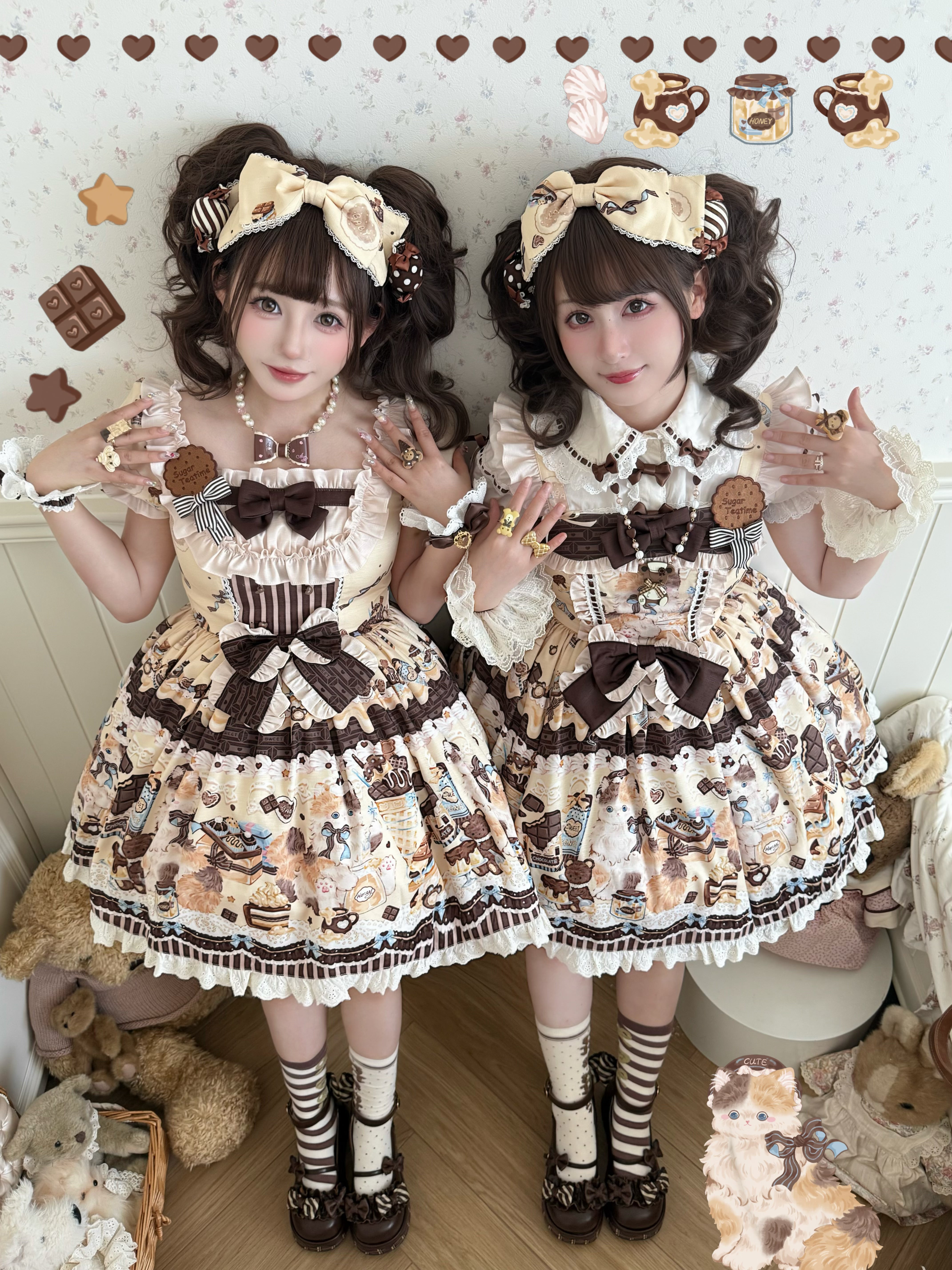 Chocolate Cake Party Mint Green Beige Honey Cat Print Sweet Lolita JSK Dress