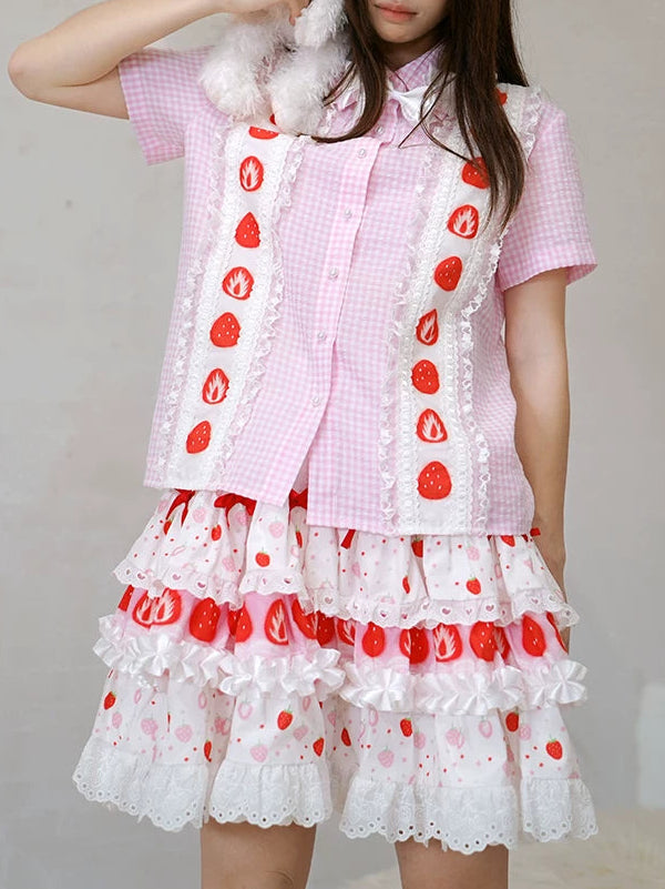 Strawberry Scent Printed Plaid Short Sleeve Blouse