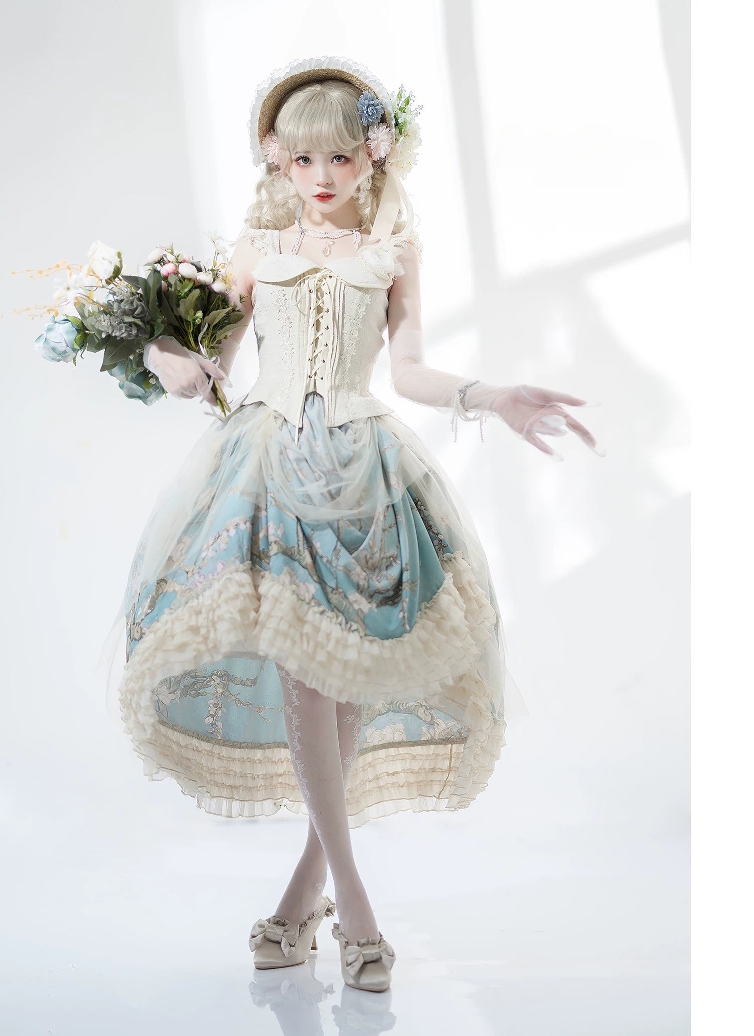 Van Gogh Almond Blossom Vintage Strapless Organza Dress / Corset & Skirt Set