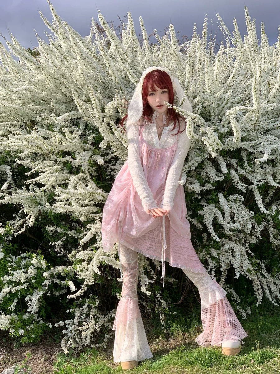 Jellyfish Pink Blue Lace Mesh Flared Pants Slip Dress Fairycore Set