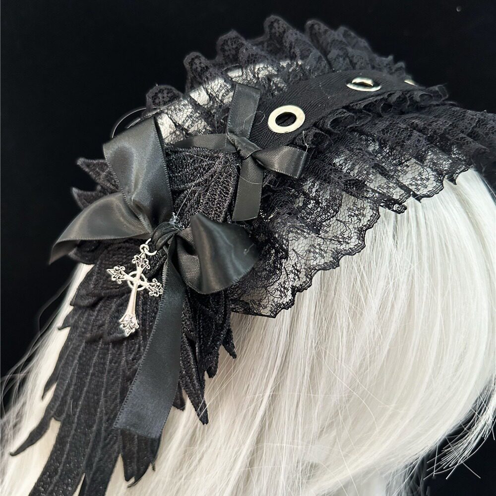 Dark Angel Wing Feather Lolita Gothic Headband with Cross Charm