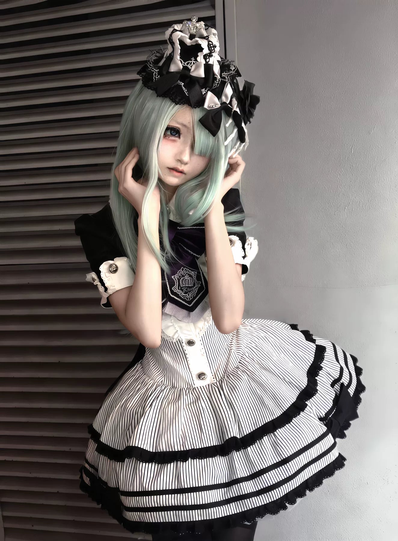 Black & White Crown Lolita Idol Academy Fake Two-Piece OP Dress