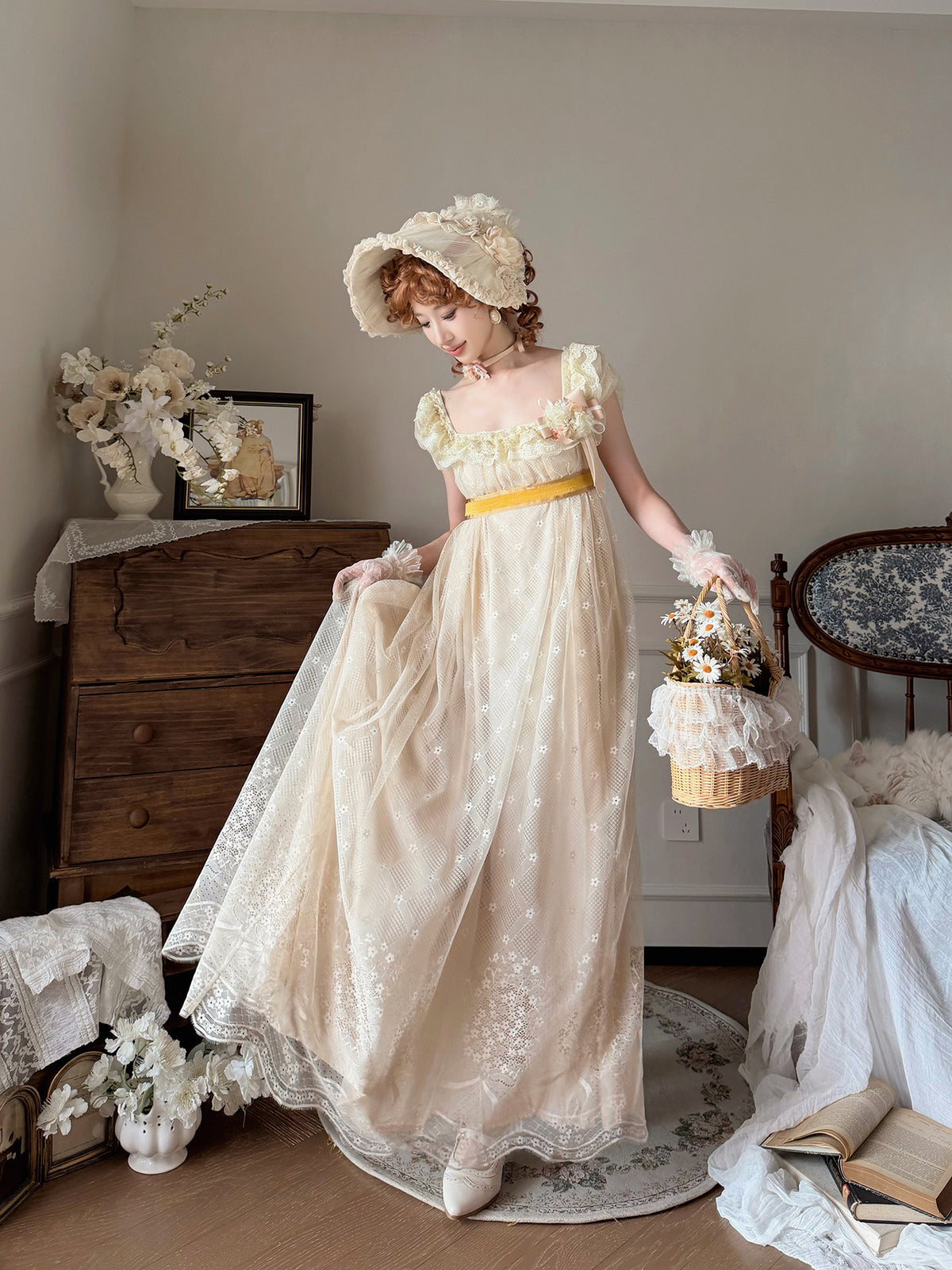 Bathing in Light Cream Empire Waist Lolita OP Dress