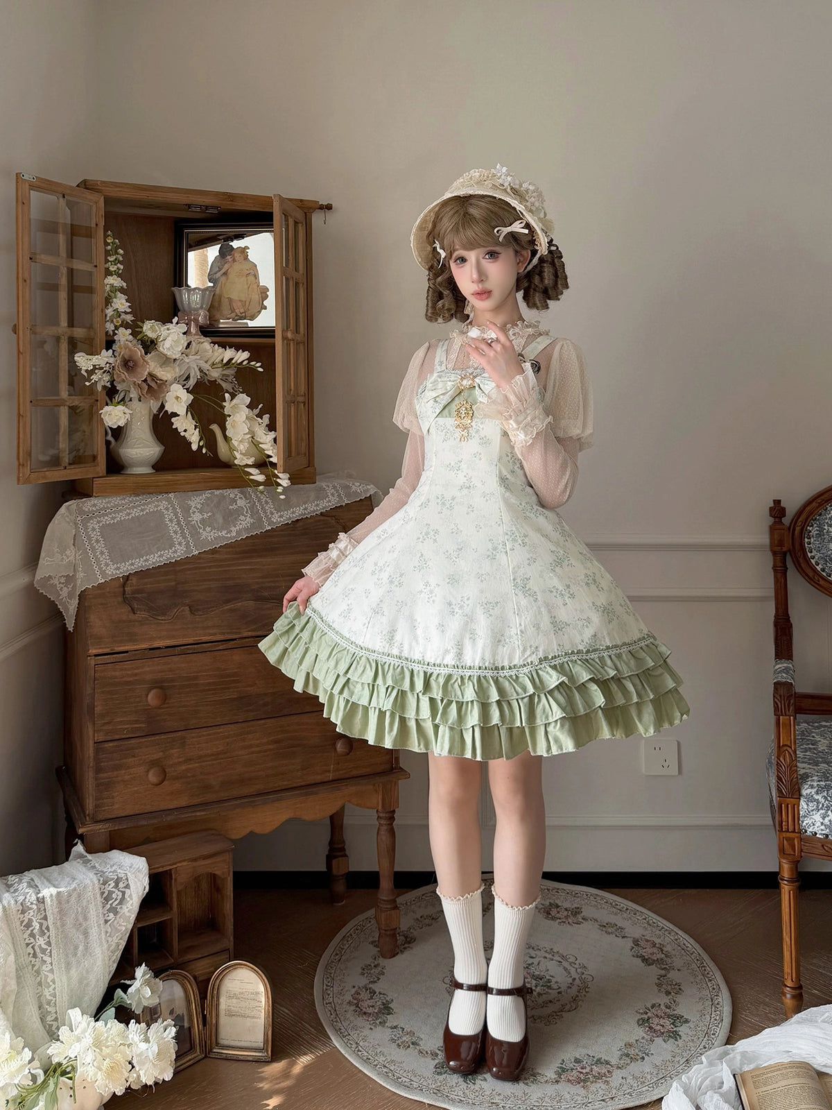 Rose Spring Romance Pink Green Floral Classic Lolita JSK Dress