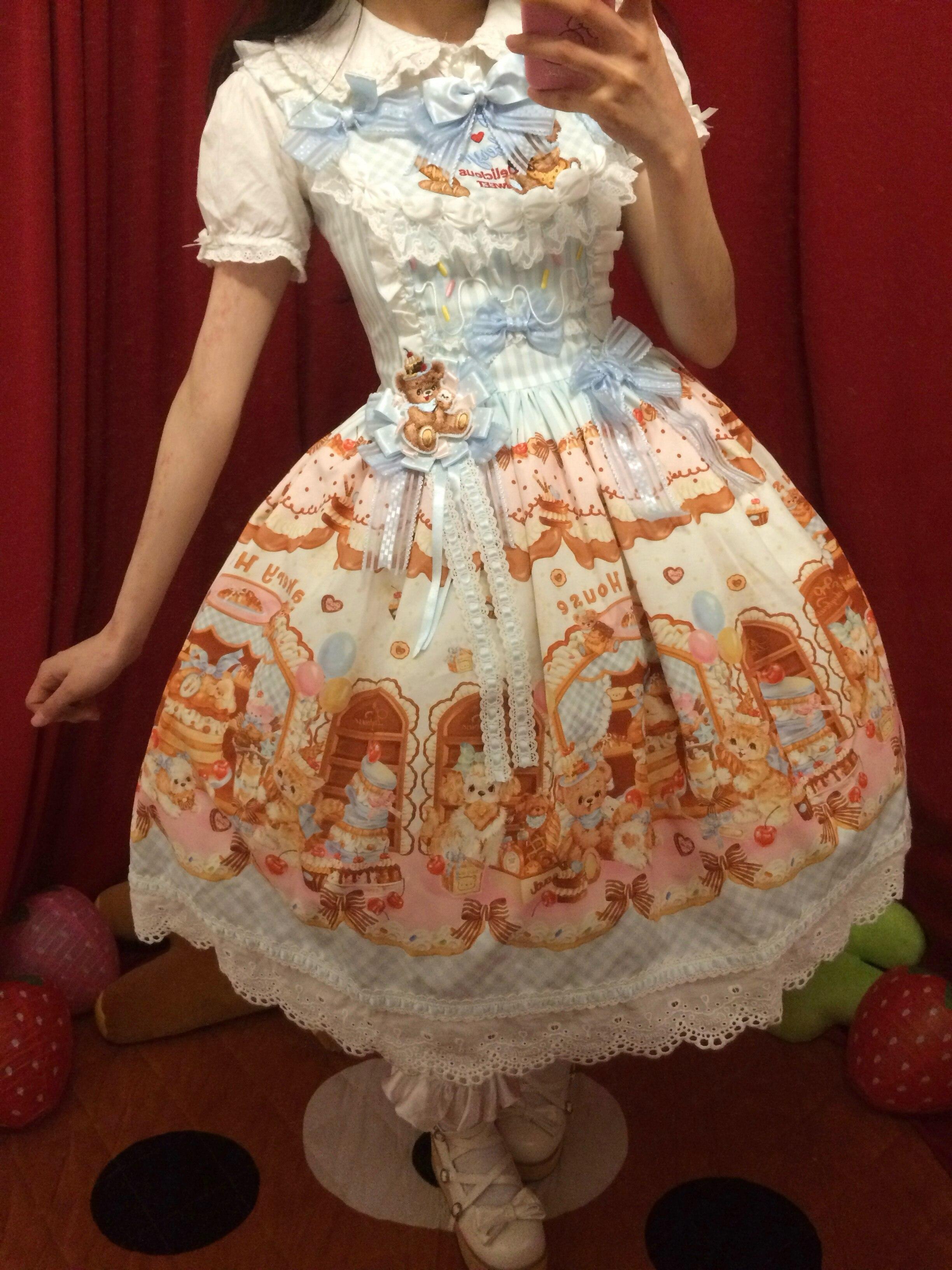 Cream Waffle Bear Lolita OP/JSK Dress