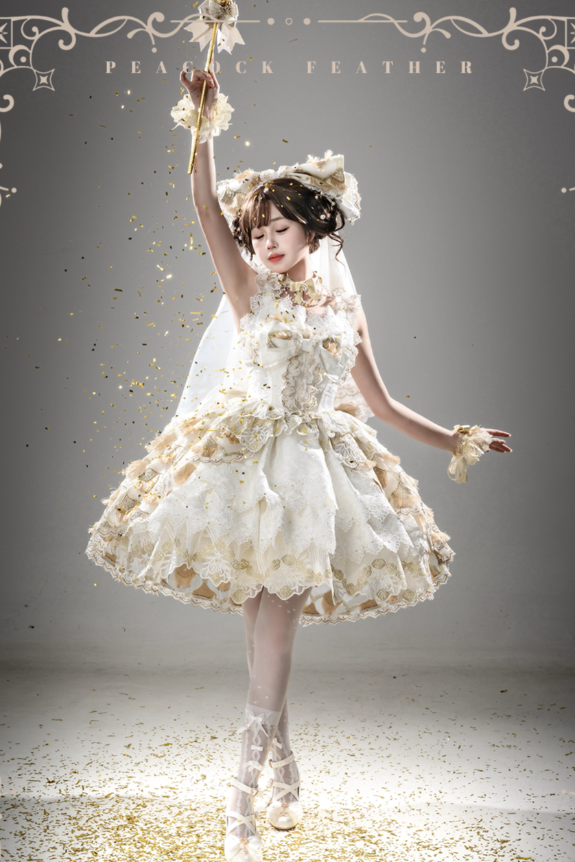 Peacock Feather SP Bridal Lolita White & Gold JSK Dress