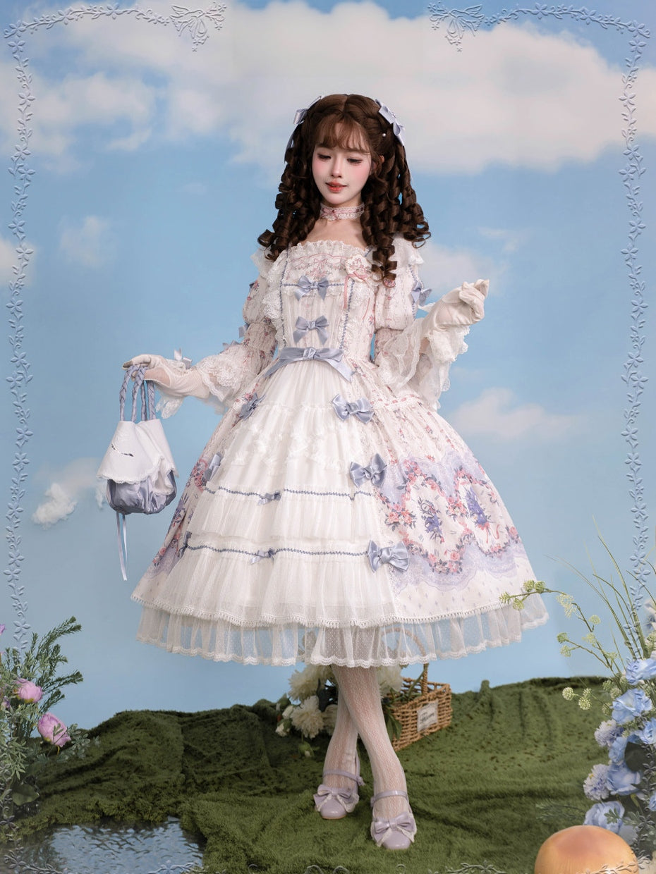 Iris Clock Floral‑Wall Front‑Opening Lolita Hime‑Sleeve Dress