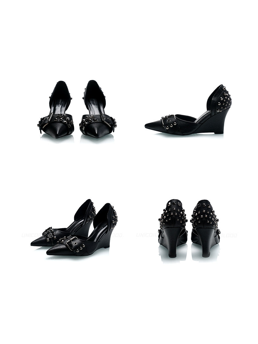 New Punk Style! Techwear Pointed‑Toe Rivet Cowhide High‑Heeled Shoes