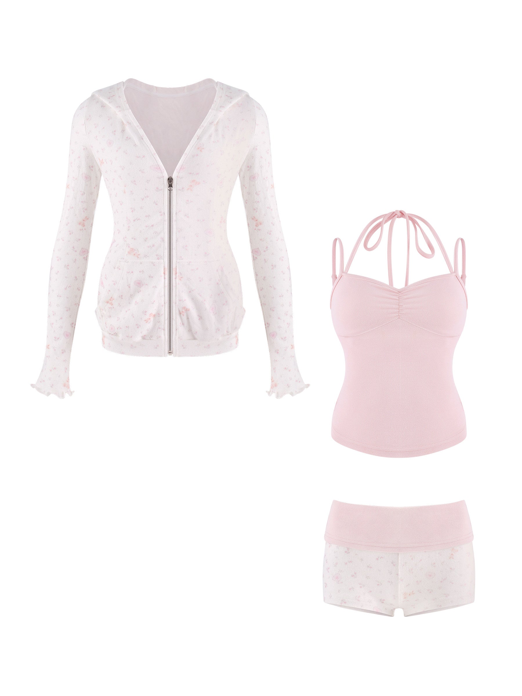 Star Fall Floral White Hooded Jacket Pink Camisole White Floral Shorts Girly Set
