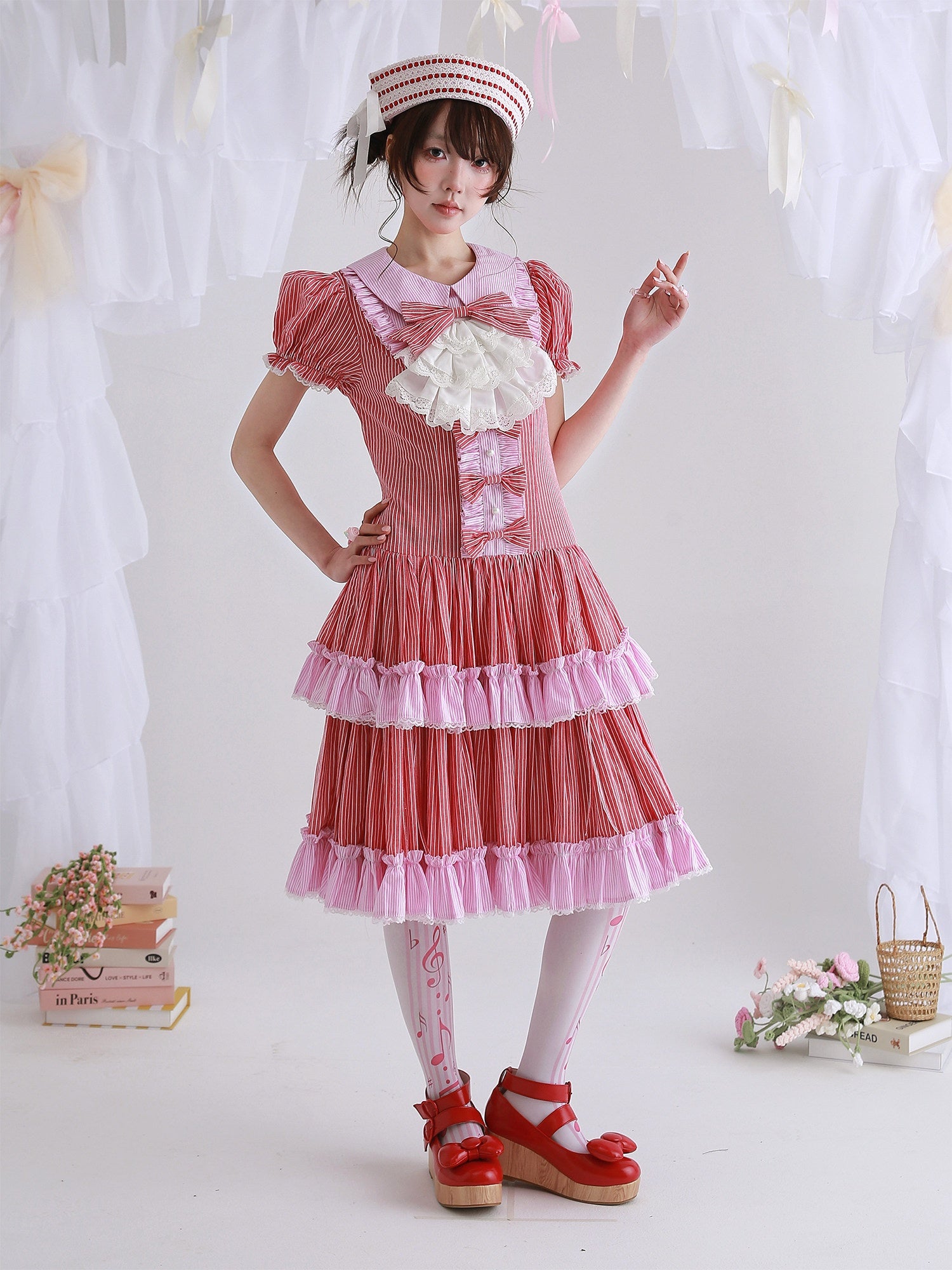 Candy Cottage Showa Retro Pink Striped Dress