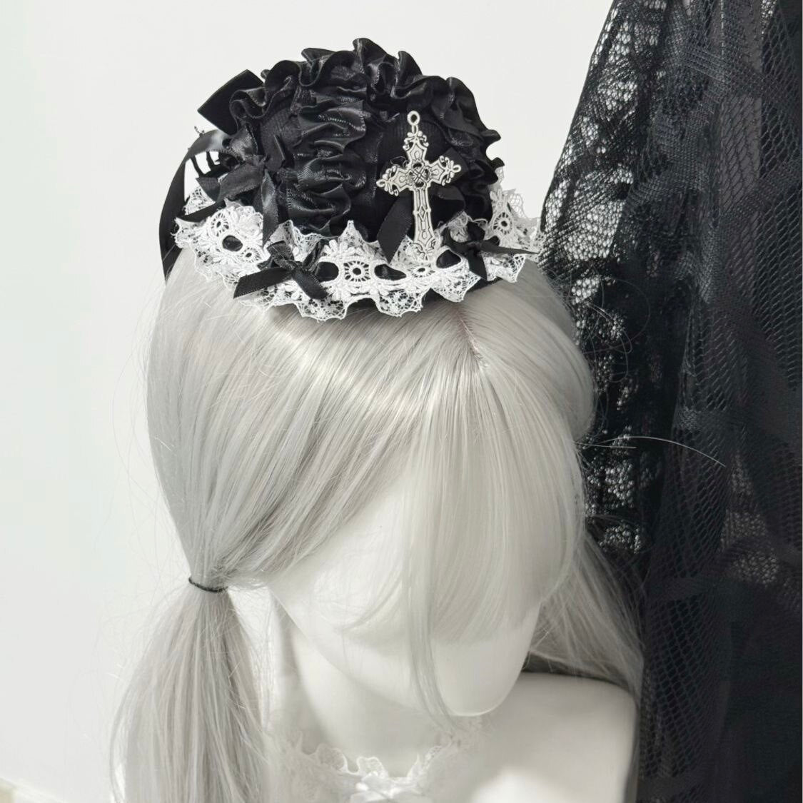 Single Wing Angel Cross Feather Lolita Gothic Lace Mini Hat Hair Accessory
