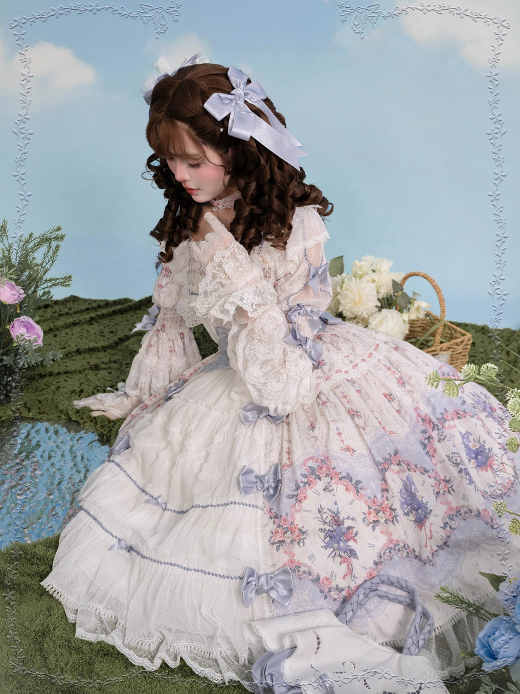 Iris Clock Floral‑Wall Front‑Opening Lolita Hime‑Sleeve Dress