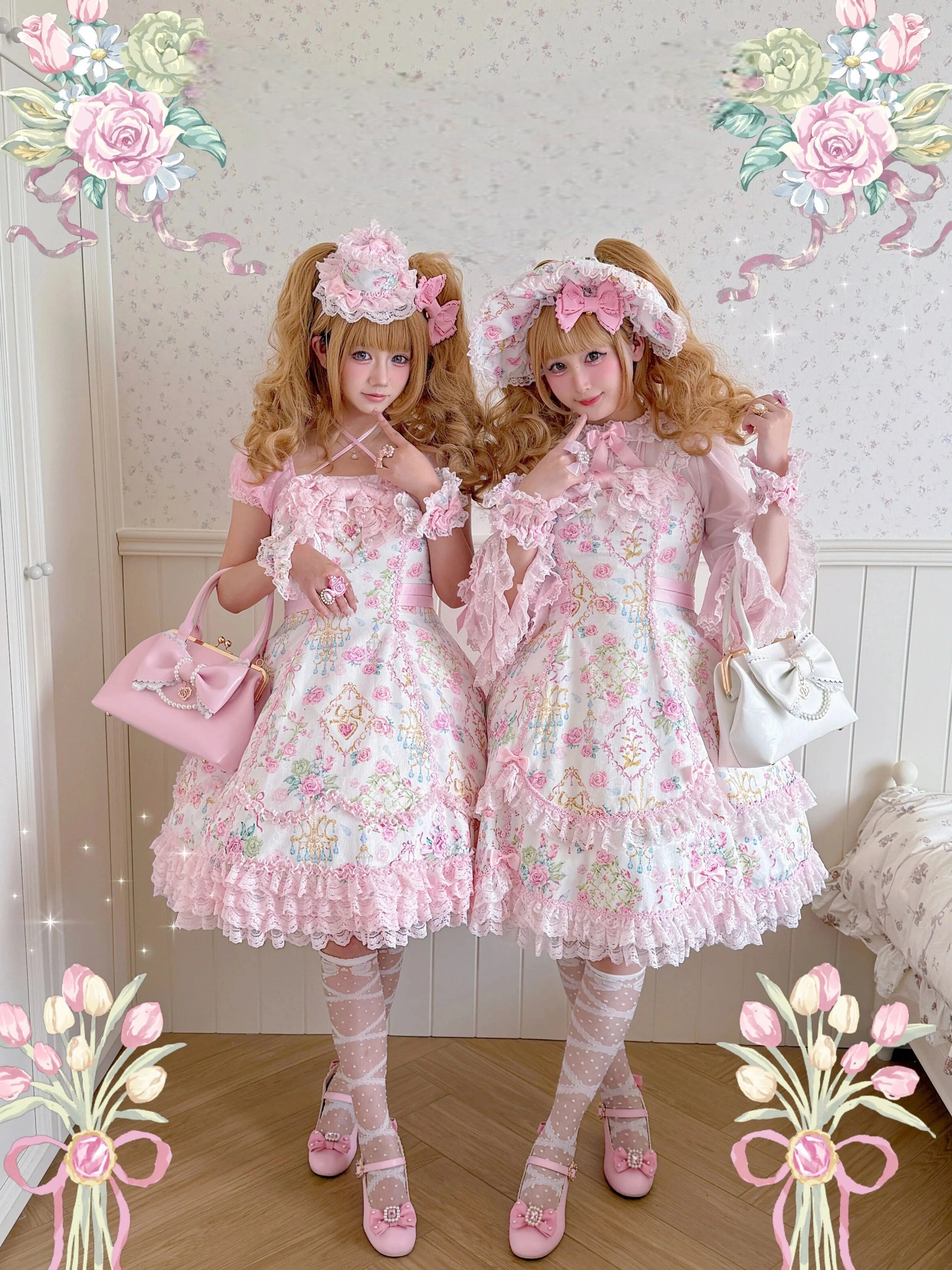 Spring 2025 Vintage Flower Wall Chandelier Rose Print Sweet Lolita JSK Dress
