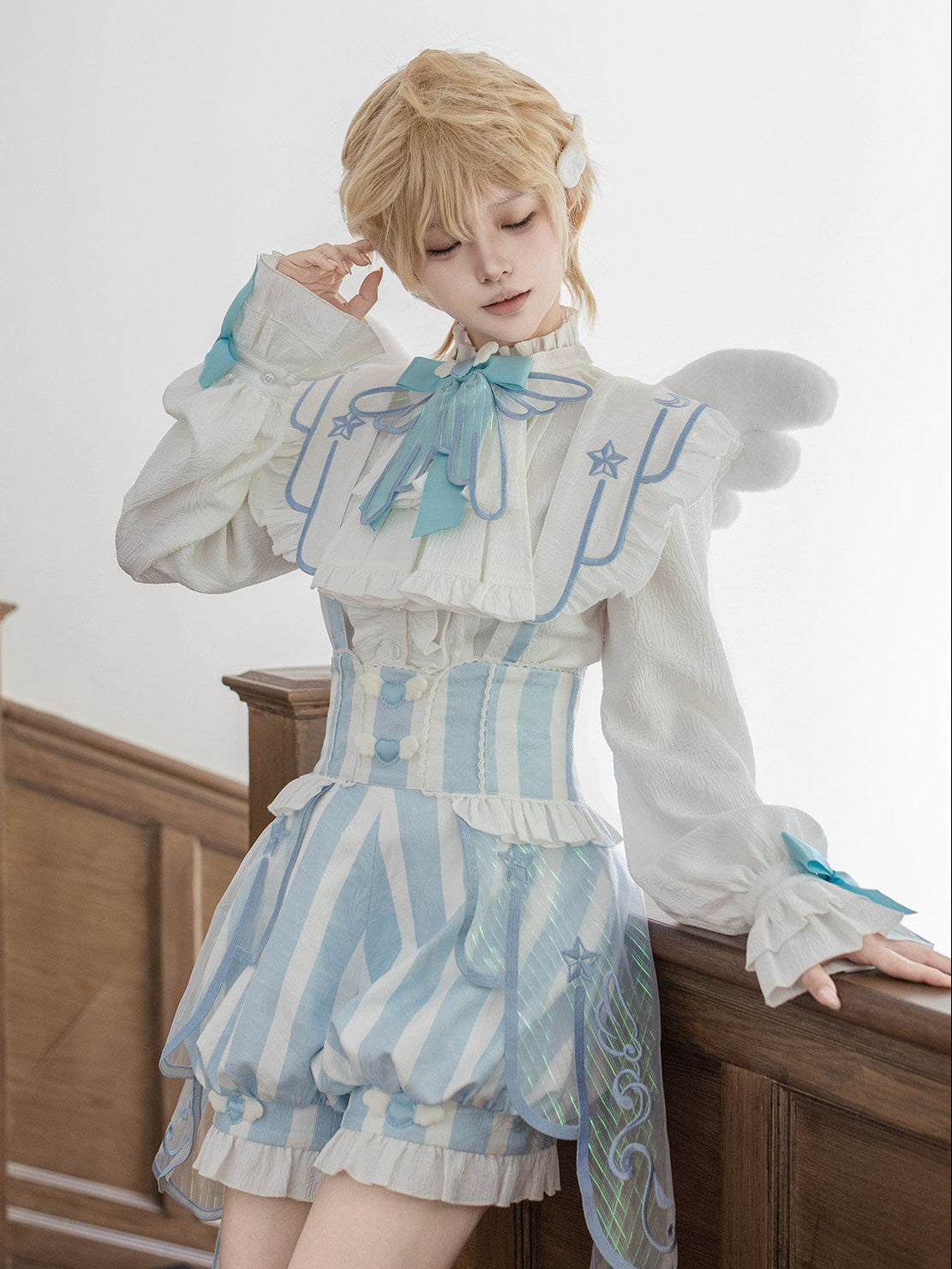 Angel Treaty Sky Blue Prince Lolita Angel Wings Blouse Suspender Shorts Set