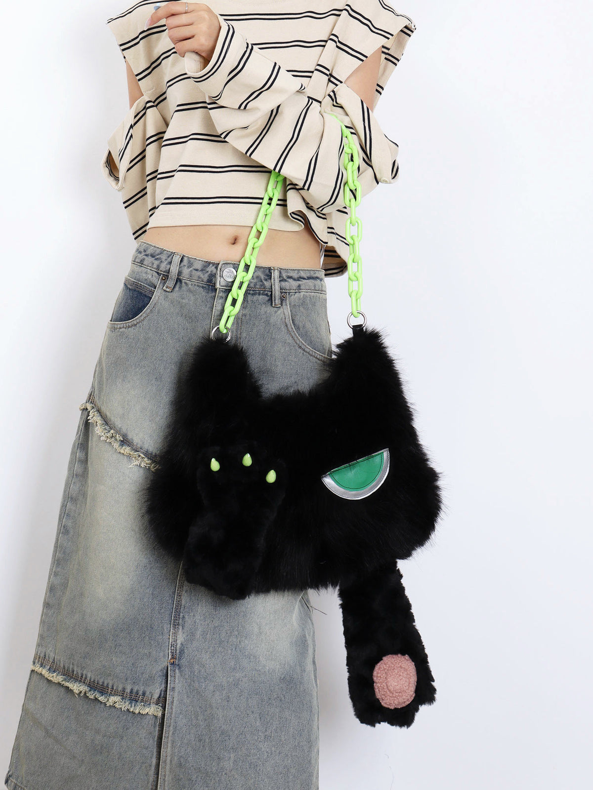 Face-Cover Cat Lolita Plush Denim Bag