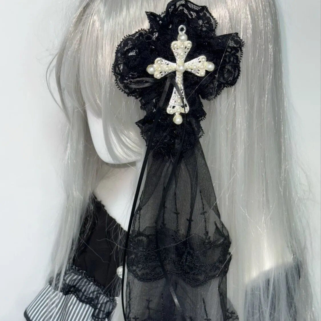 Pearl Cross Lace Ruffle Bow Lolita Gothic Hair Clip with Optional Veil