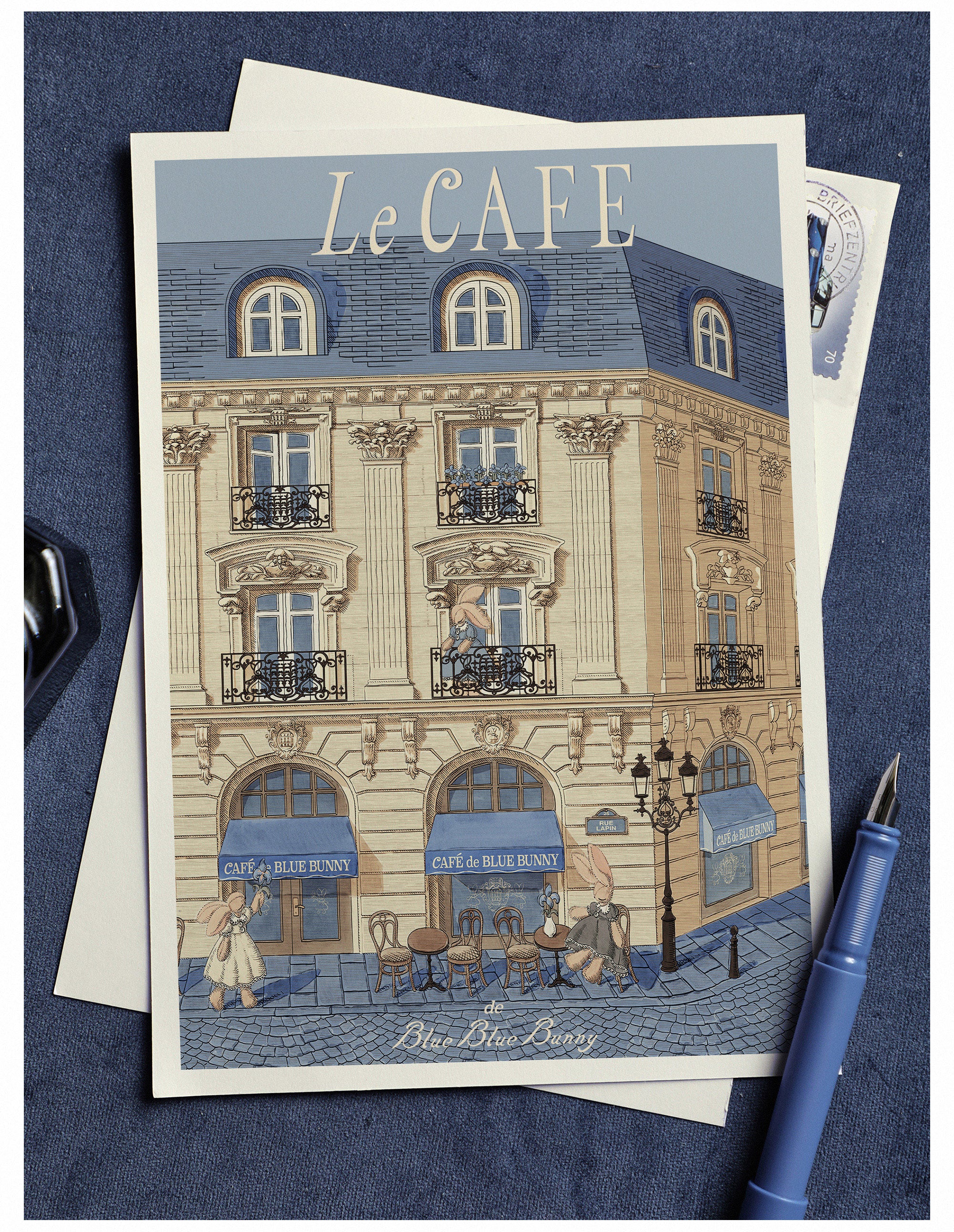 Blue Bunny Cafe Yellow Blue Vintage Architecture Print Classic Lolita Skirt