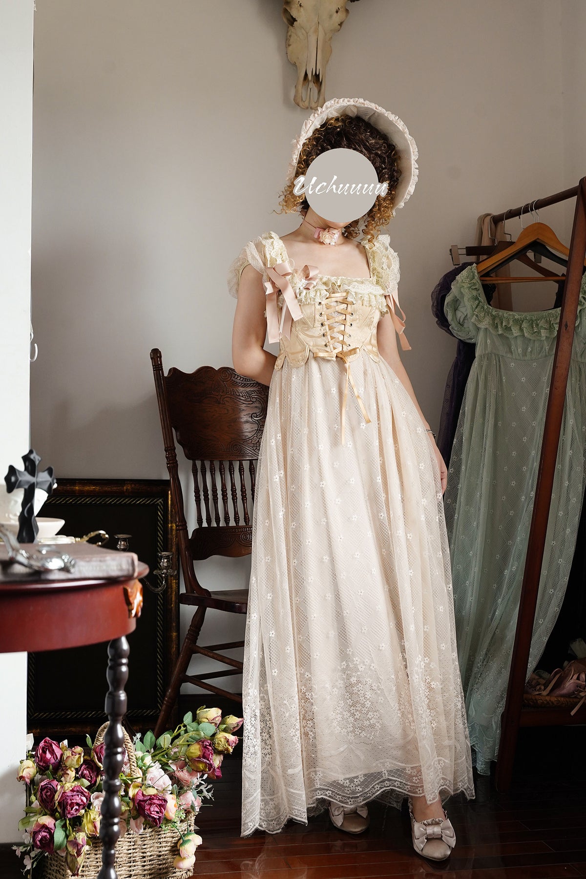 Bathing in Light Cream Empire Waist Lolita OP Dress