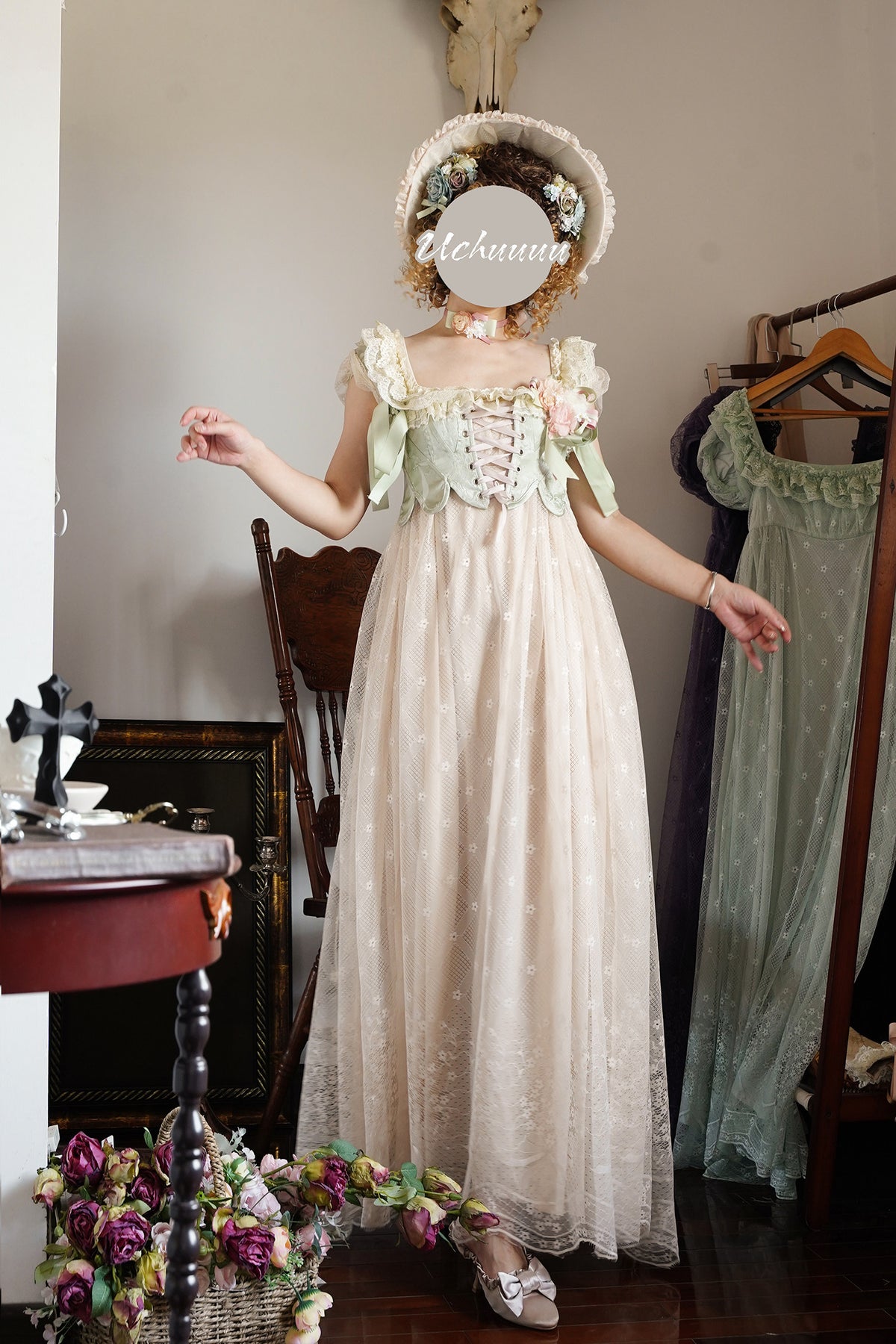 Bathing in Light Cream Empire Waist Lolita OP Dress