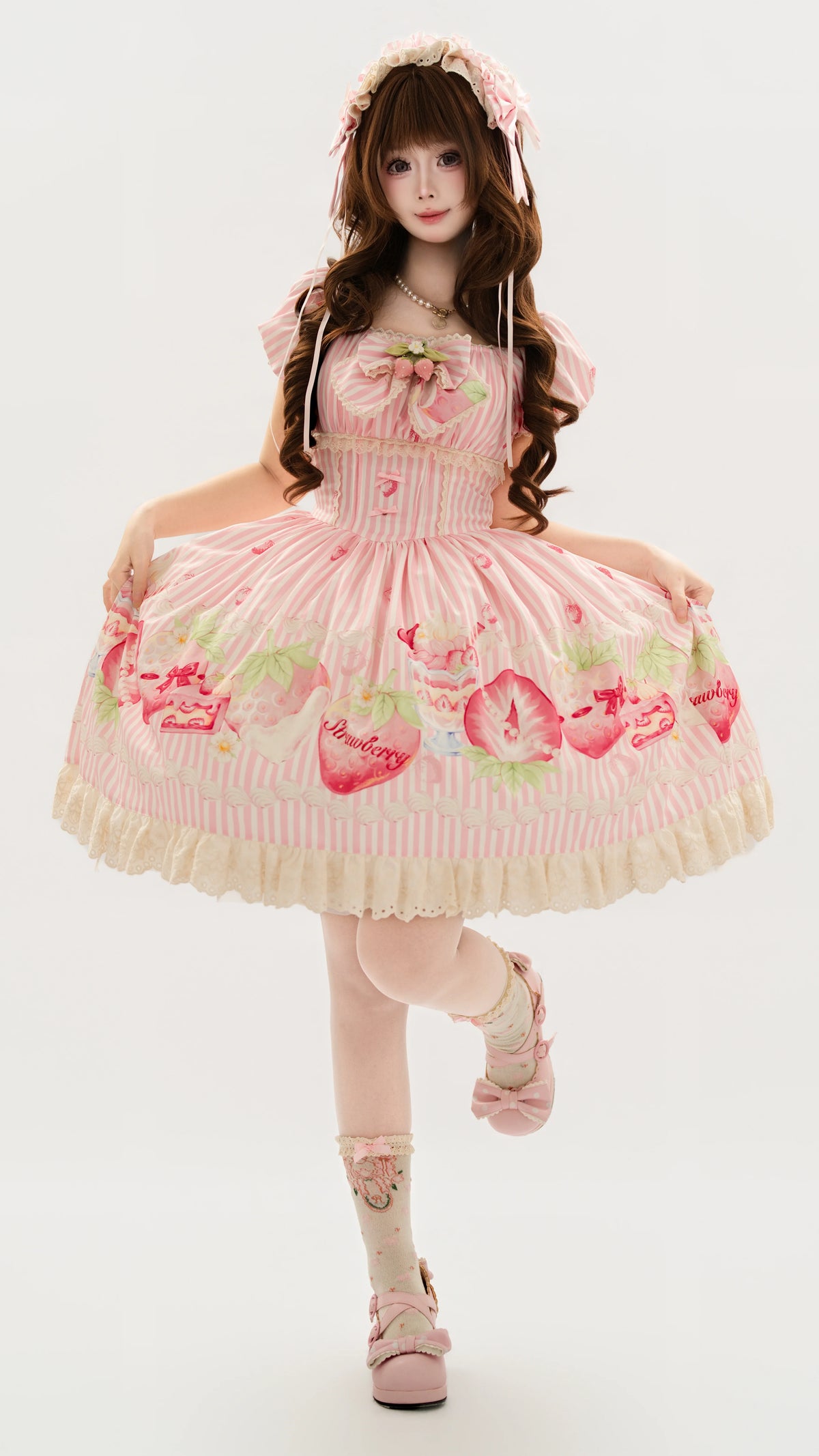 Strawberry Fairy Realm Sweet Stripe Lolita Print OP Dress