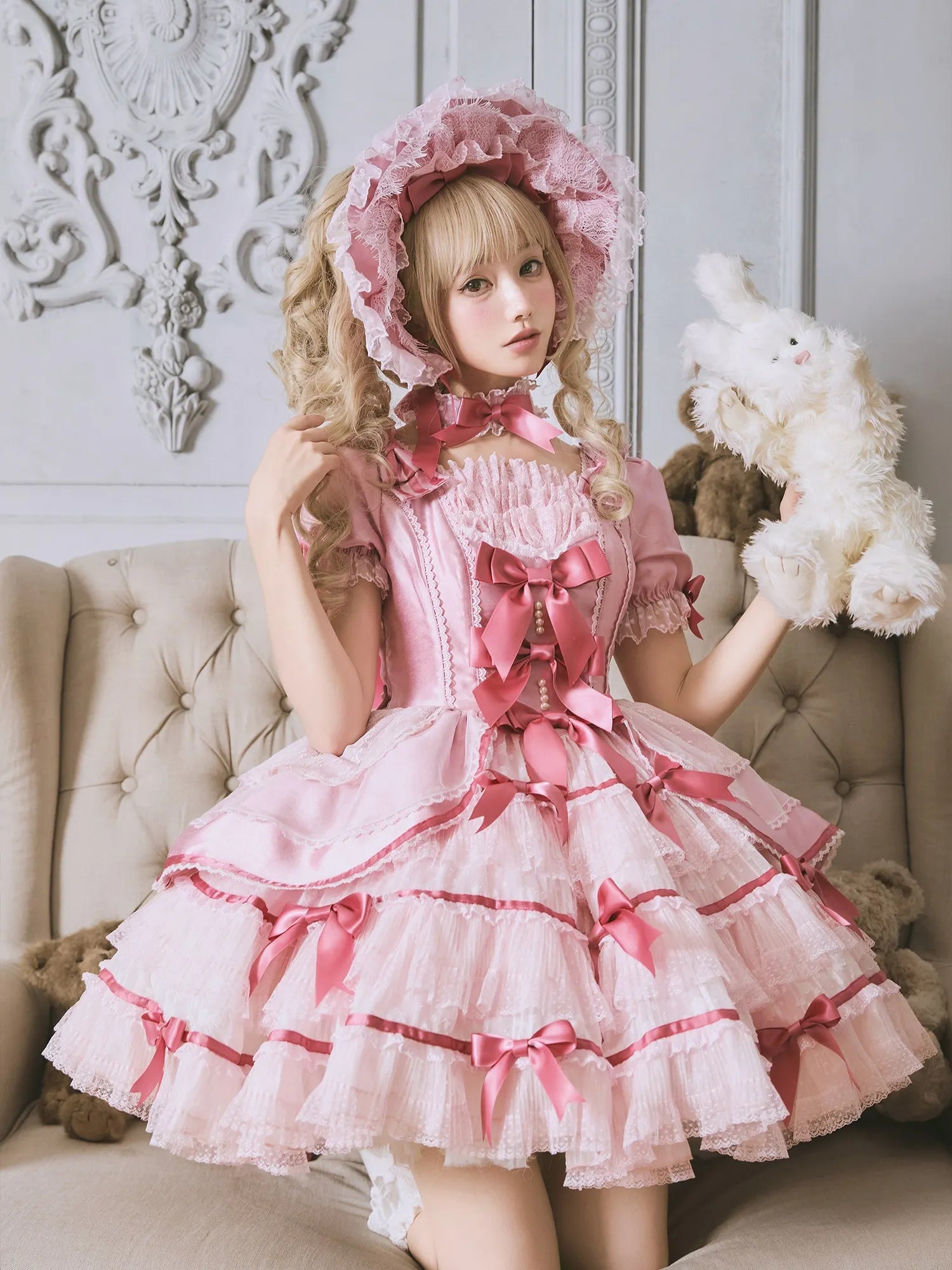 Velvet Cake Doll Pink Black Tiered Ruffle Classic Lolita JSK