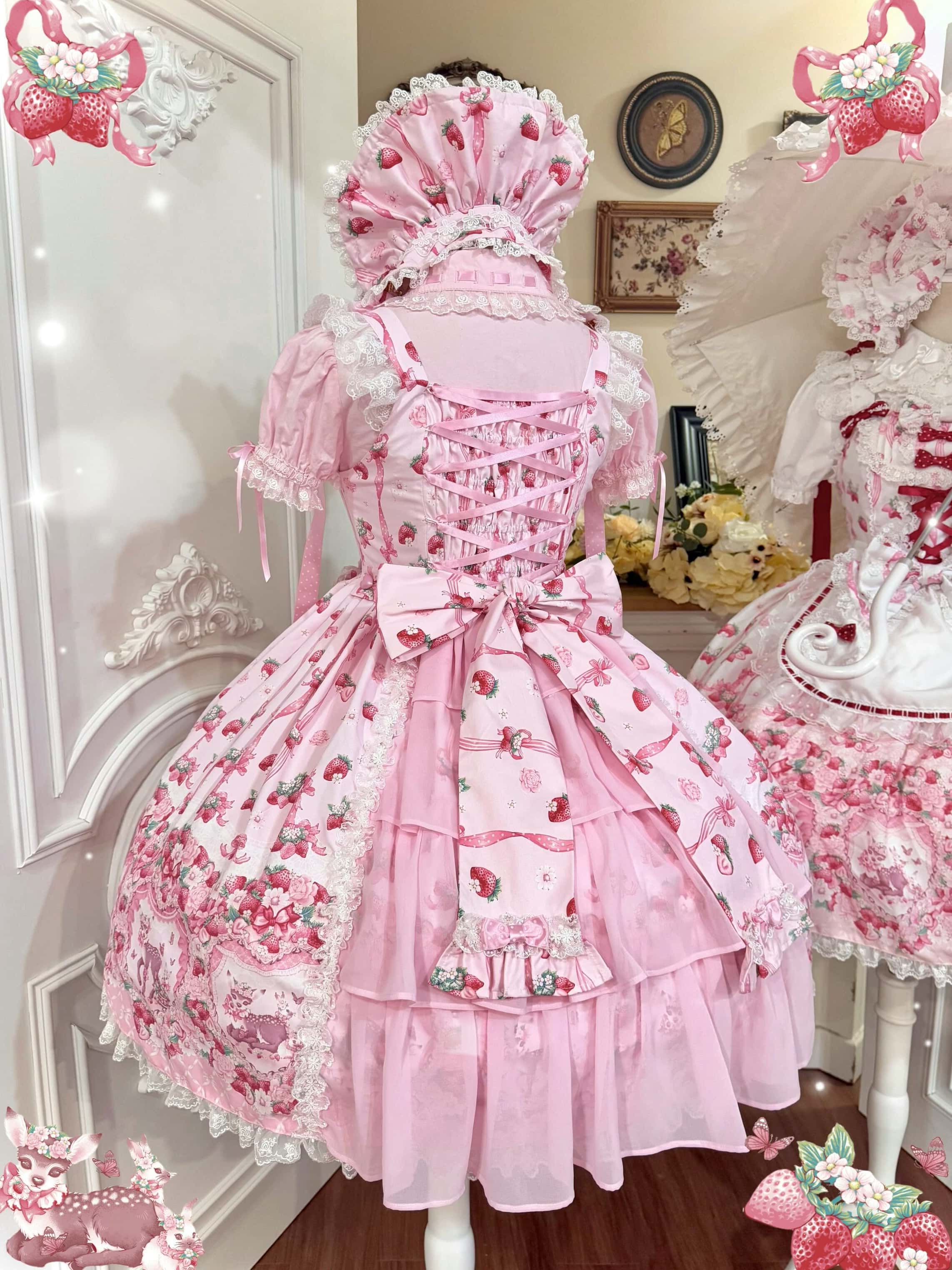 Deer Strawberry Garden Old-School Strawberry Print Lolita JSK