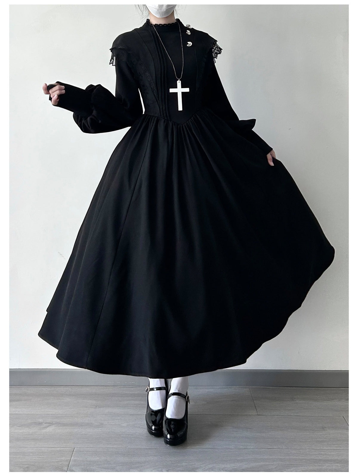 Moon Phase Lolita Gothic Lace High Collar Apron OP Dress