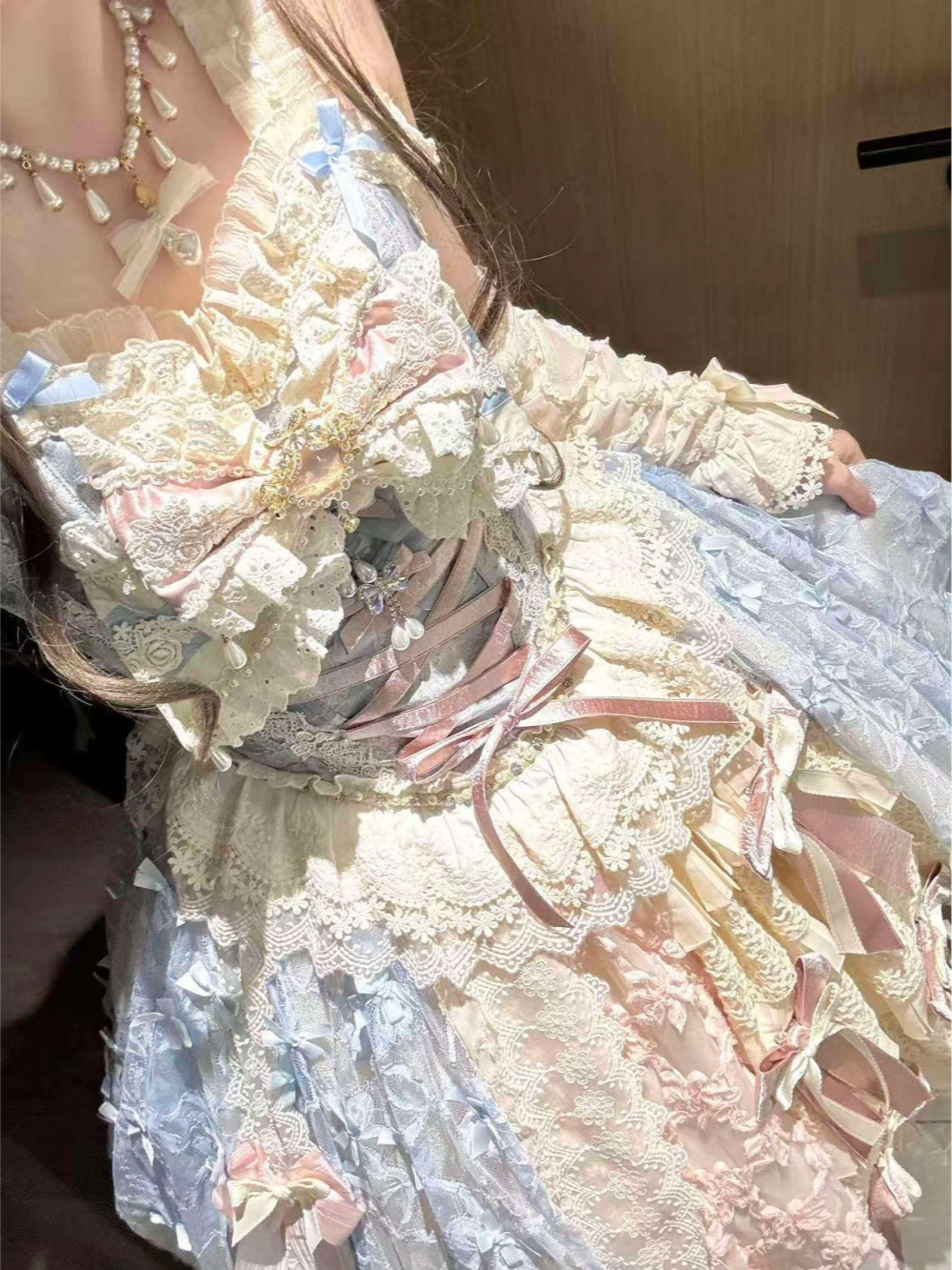 Whisper of Spring Field Lolita Original Blue Boned Corset & Skirt Set