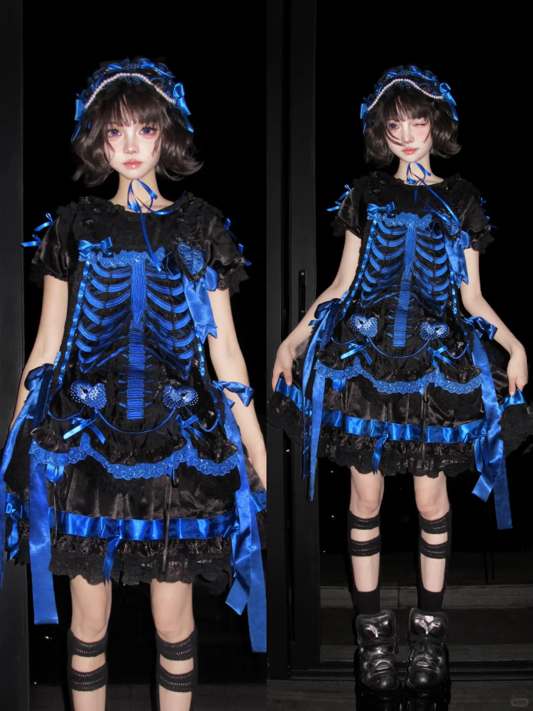 Strawberry Heart Bone Black and Blue Gothic Lolita OP Dress