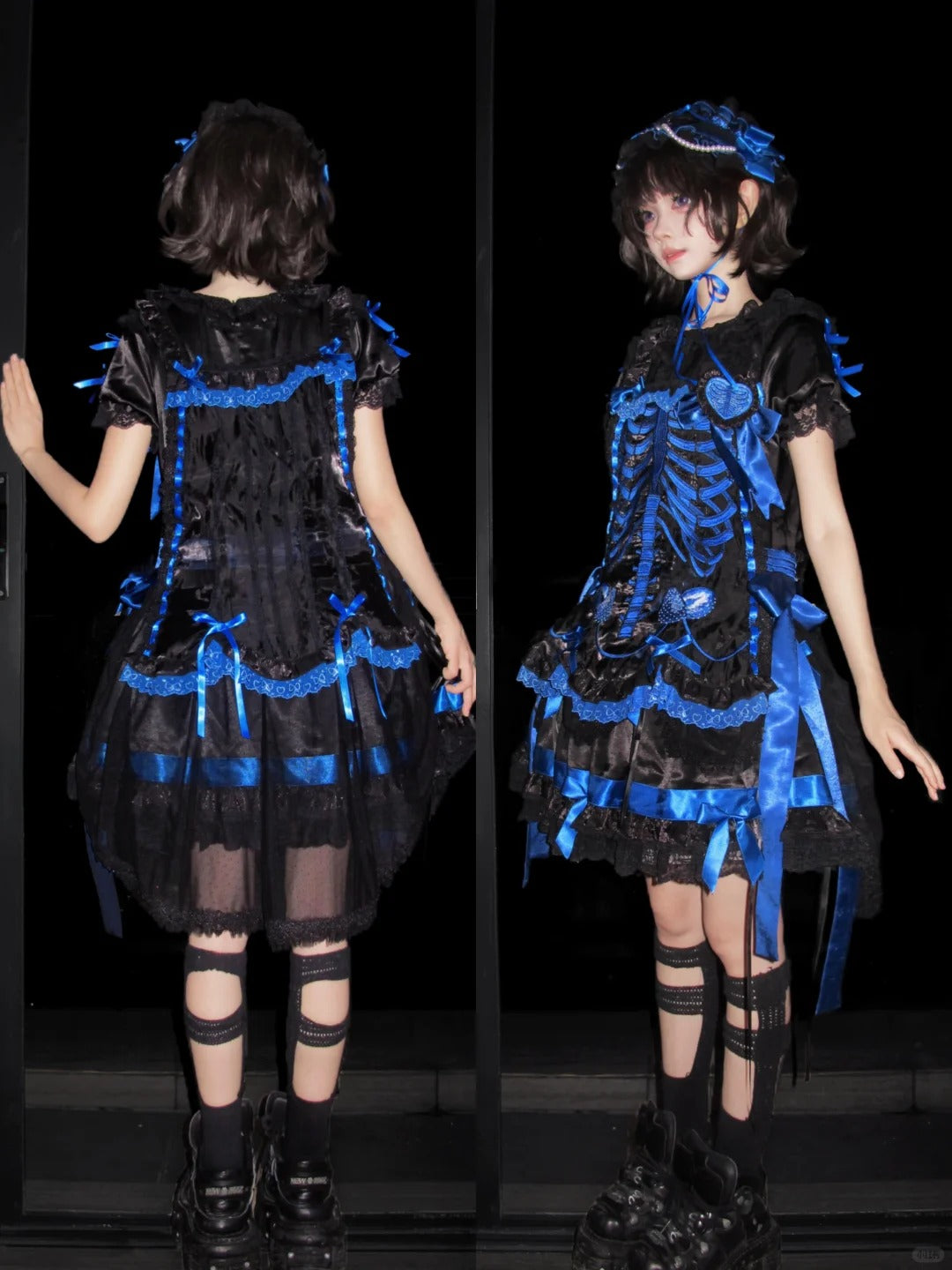 Strawberry Heart Bone Black and Blue Gothic Lolita OP Dress