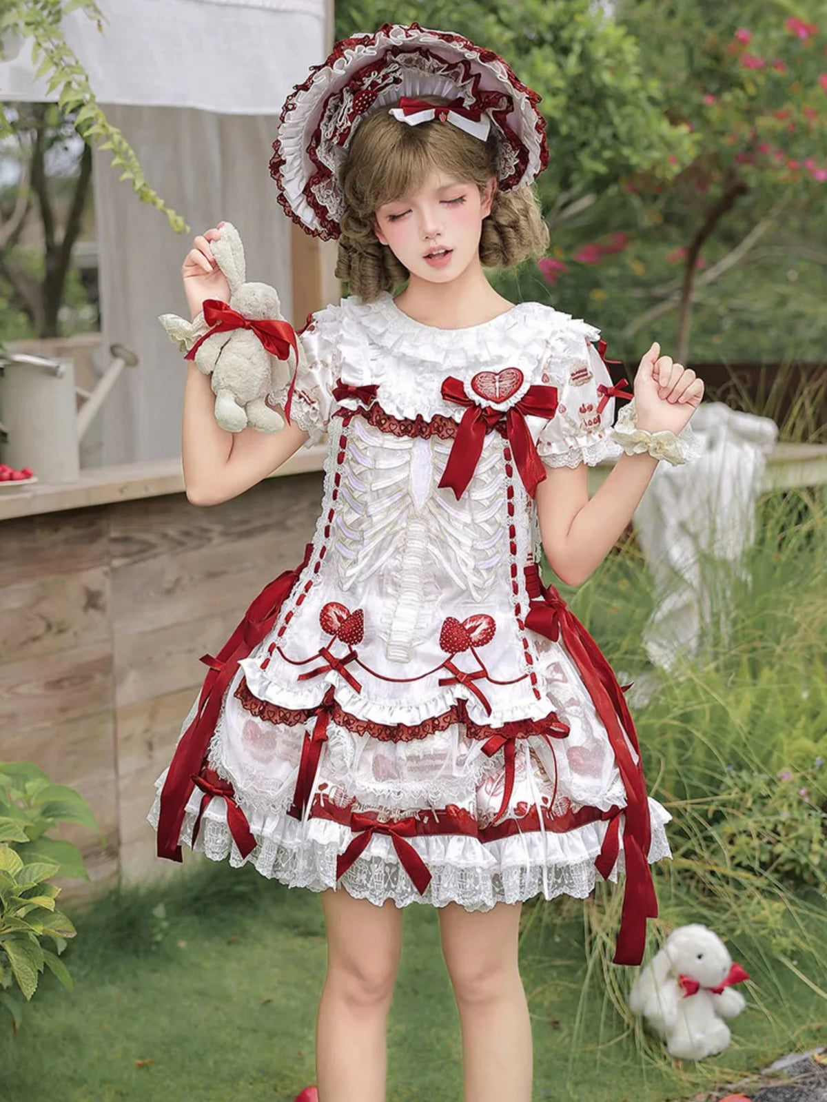 Strawberry Heart Bone White Red Gothic Lolita OP Dress or JSK